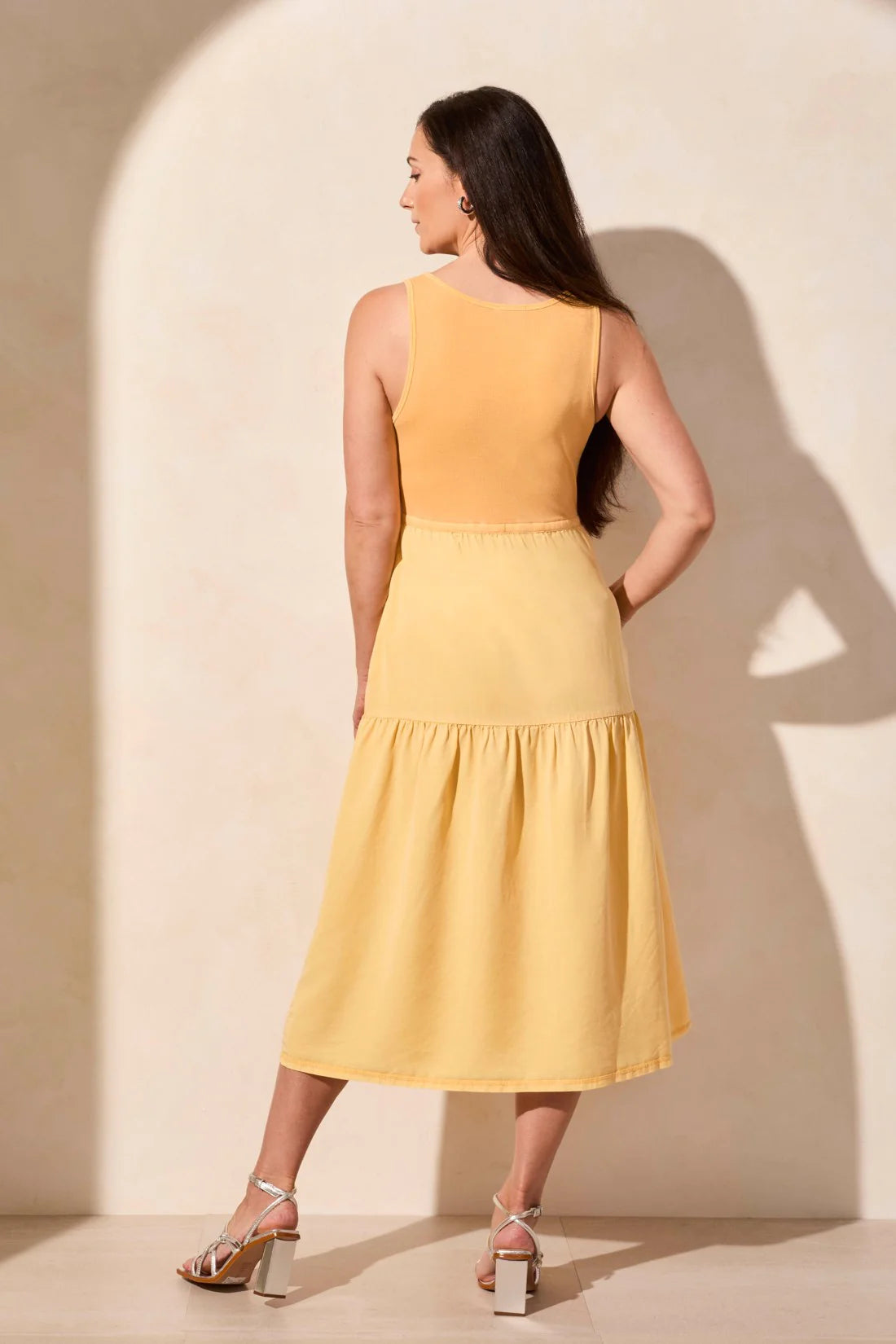 Mixed Media Sleeveless Tiered Midi Dress