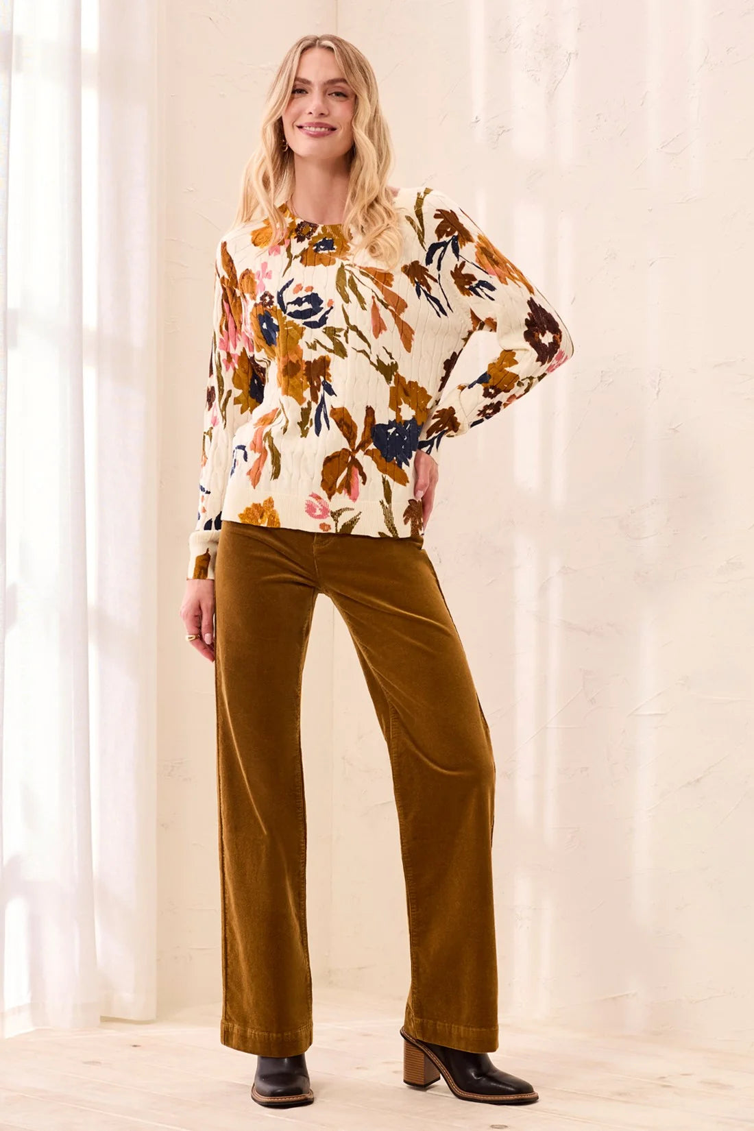 Printed Cable Cotton Crew Neck Sweater
