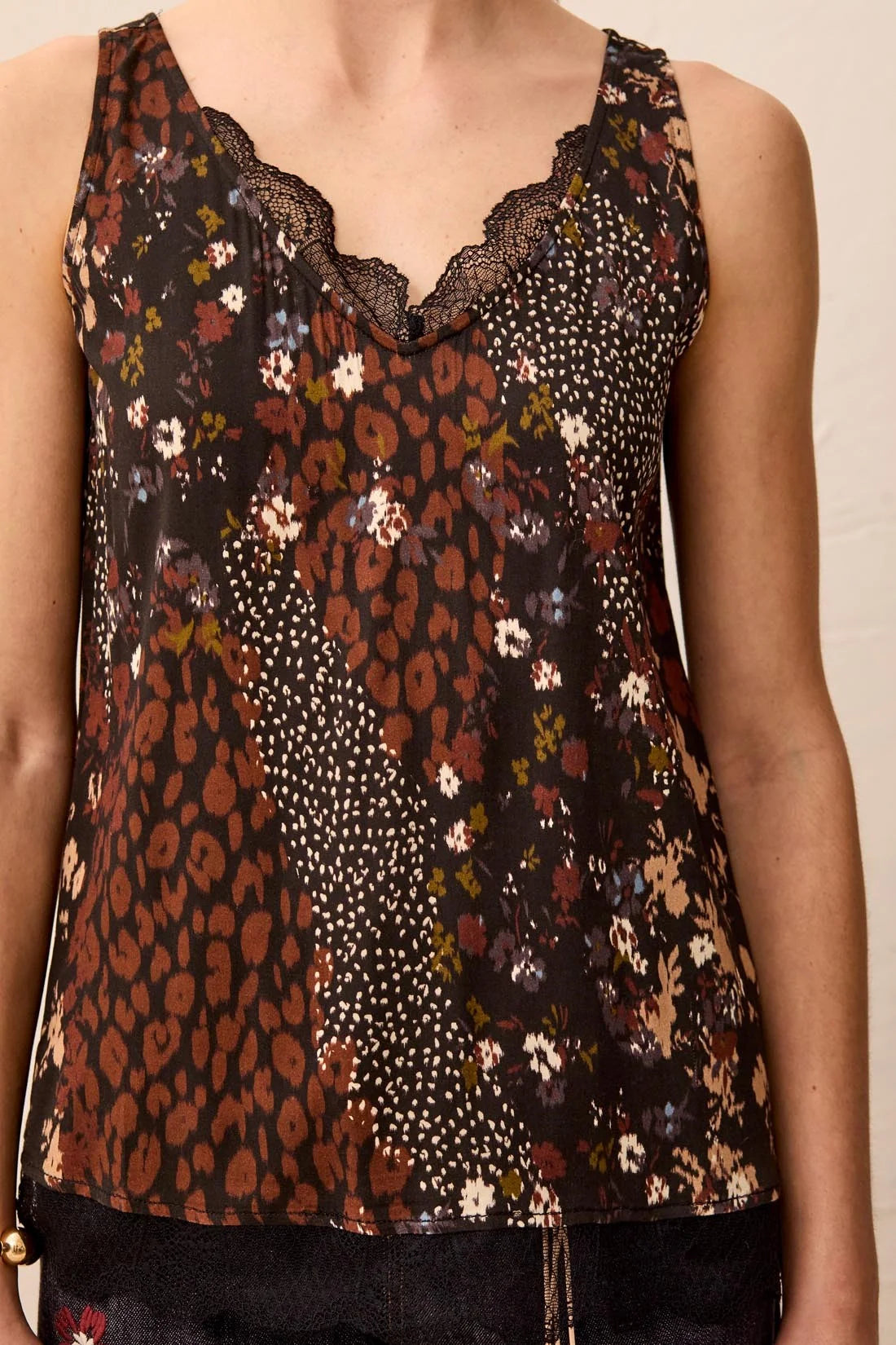 Satin Feel V-Neck Cami With Lace Trim