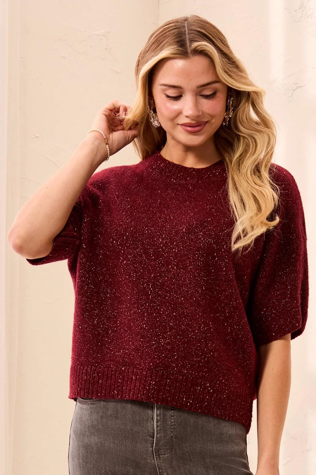 Short Dolman Sleeve Speckled Knit Sweater