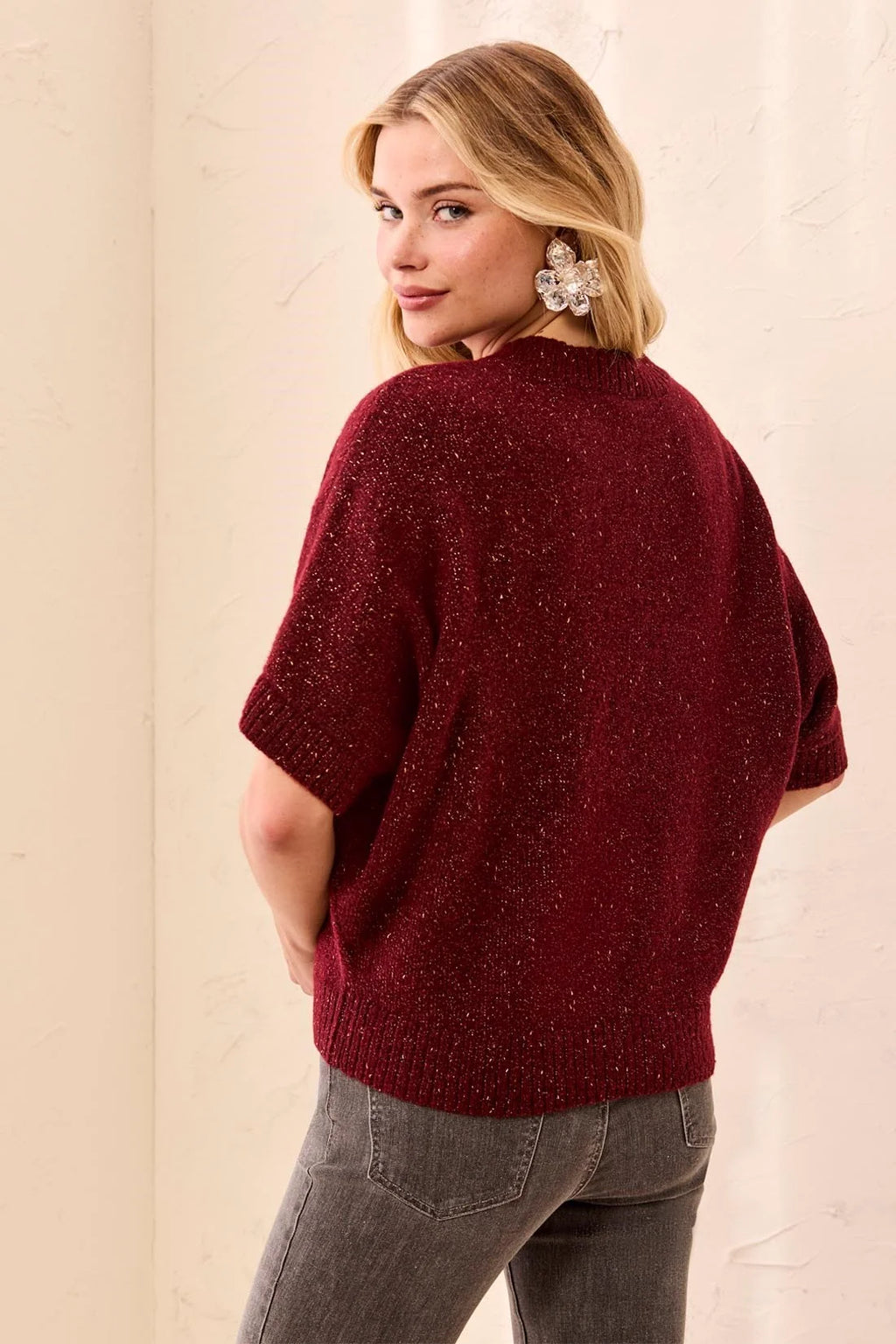 Short Dolman Sleeve Speckled Knit Sweater