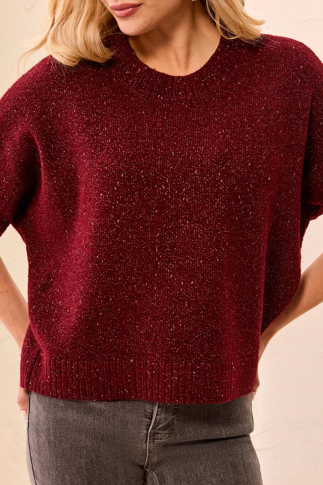 Short Dolman Sleeve Speckled Knit Sweater