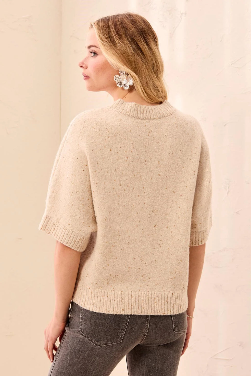 Short Dolman Sleeve Speckled Knit Sweater