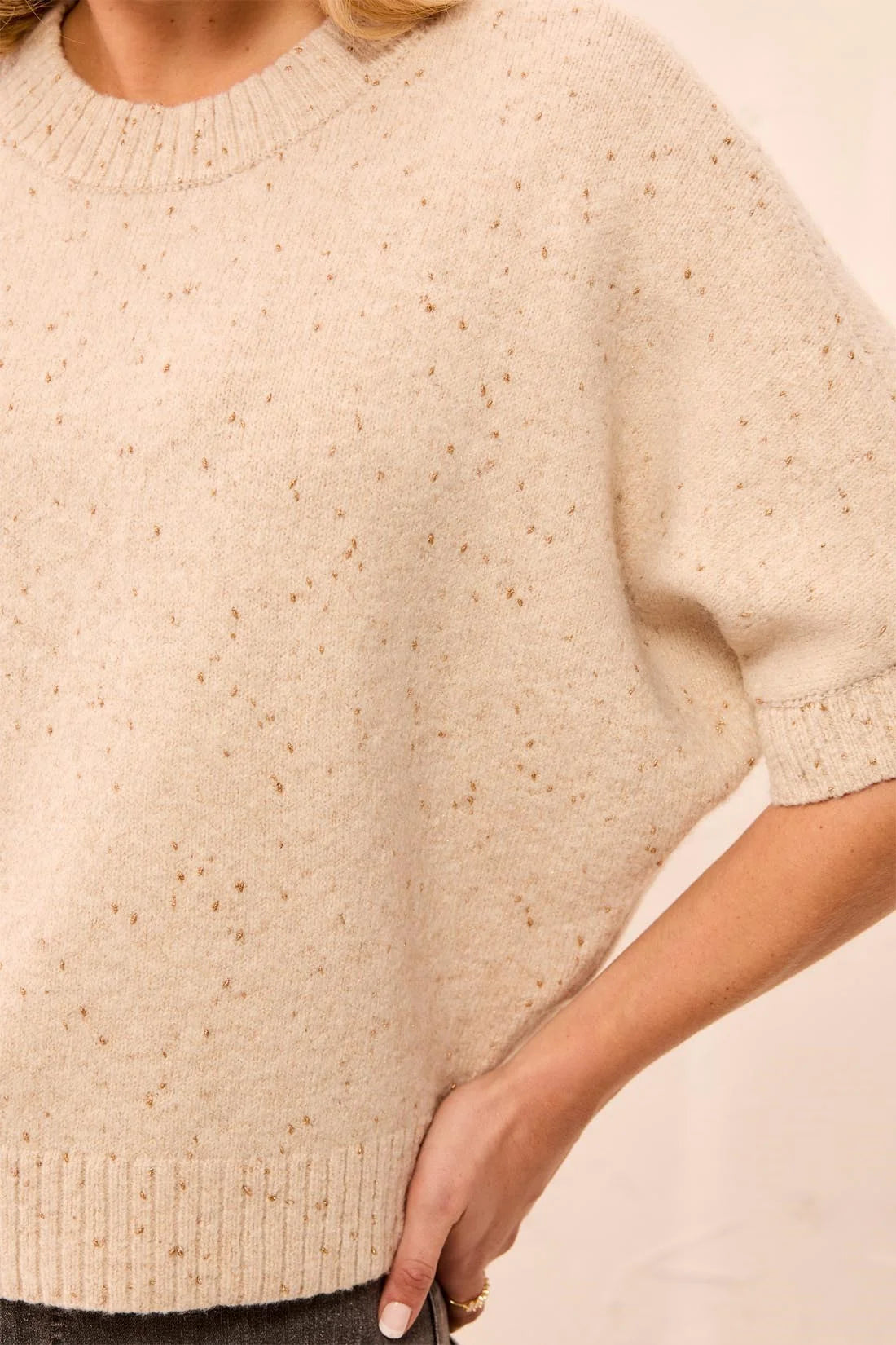 Short Dolman Sleeve Speckled Knit Sweater