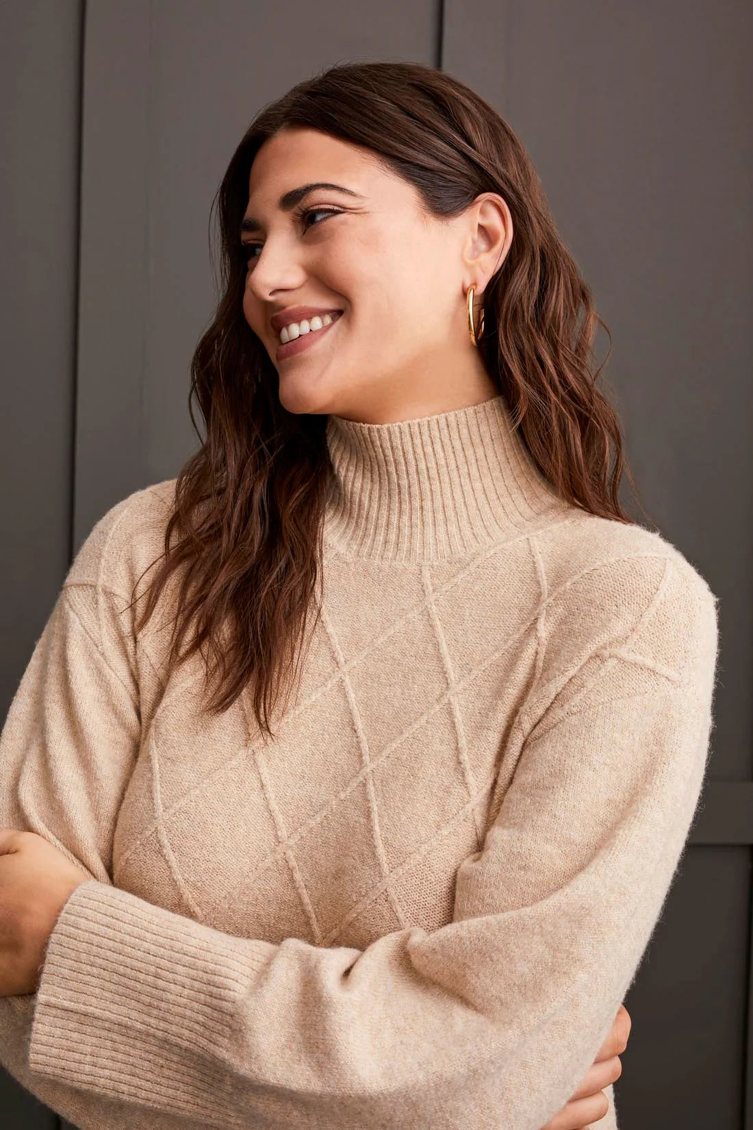 Soft Bouclé Diamond Pattern Mock Neck Sweater Dress