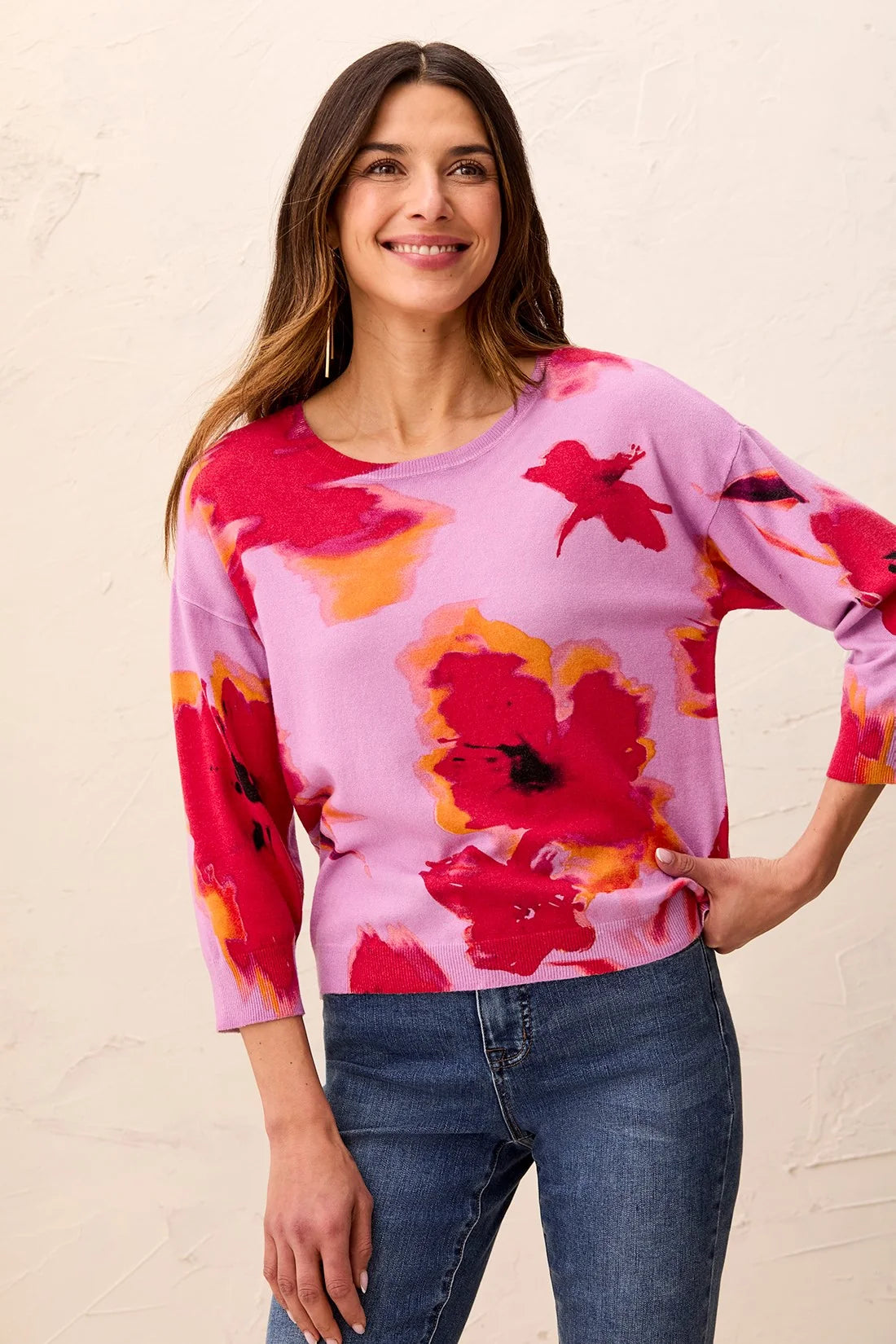 Soft Yarn Three-Quarter Sleeve Crewneck Sweater