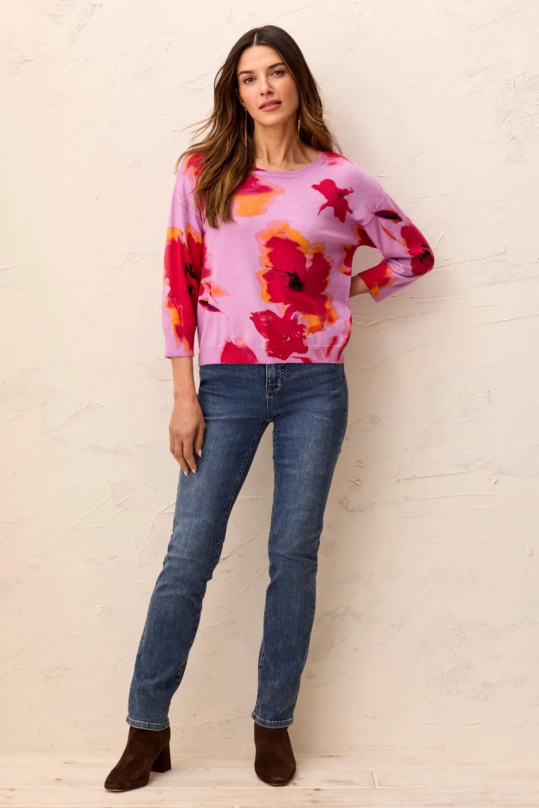 Soft Yarn Three-Quarter Sleeve Crewneck Sweater