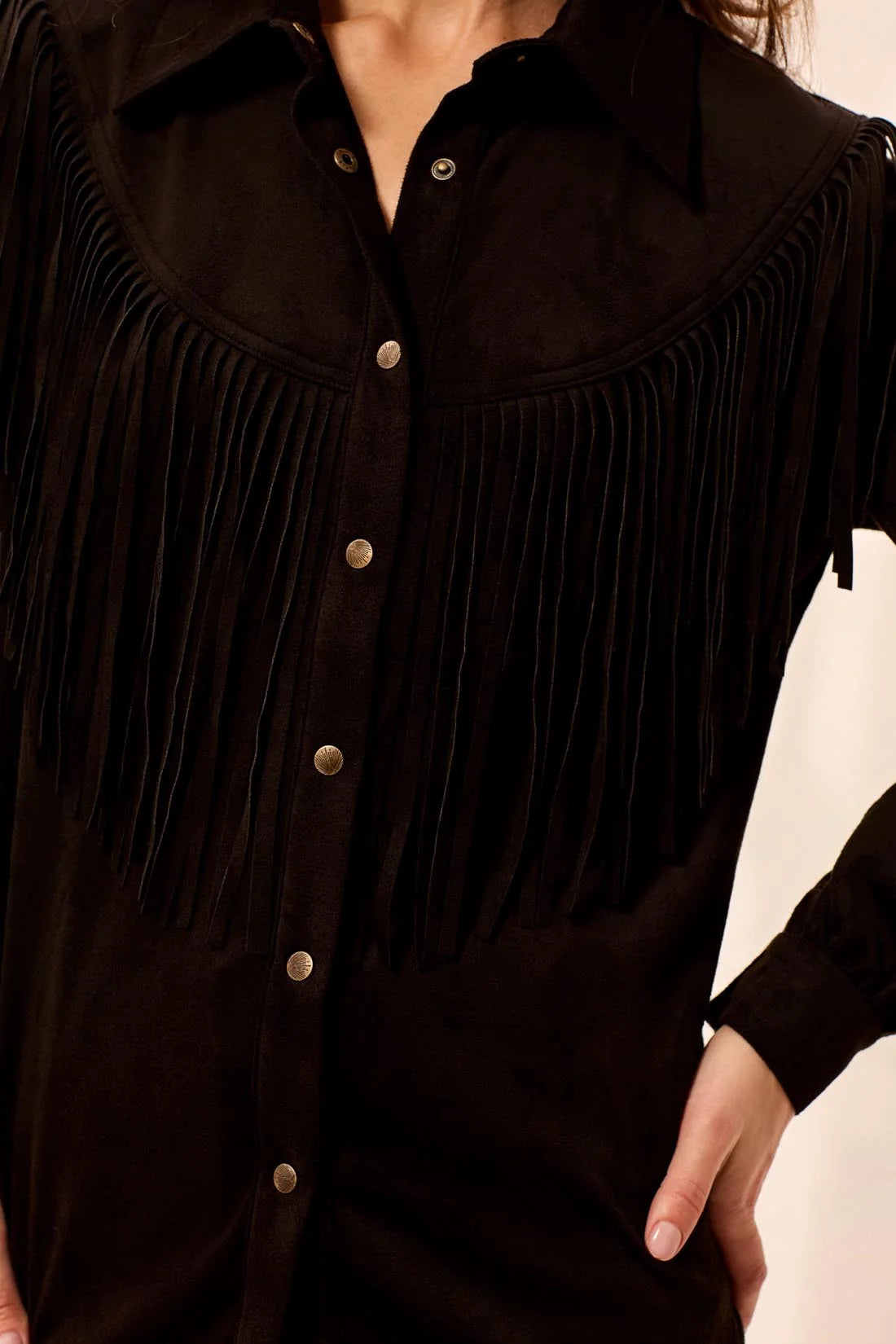 Suede Fringe Shacket with Snap Buttons