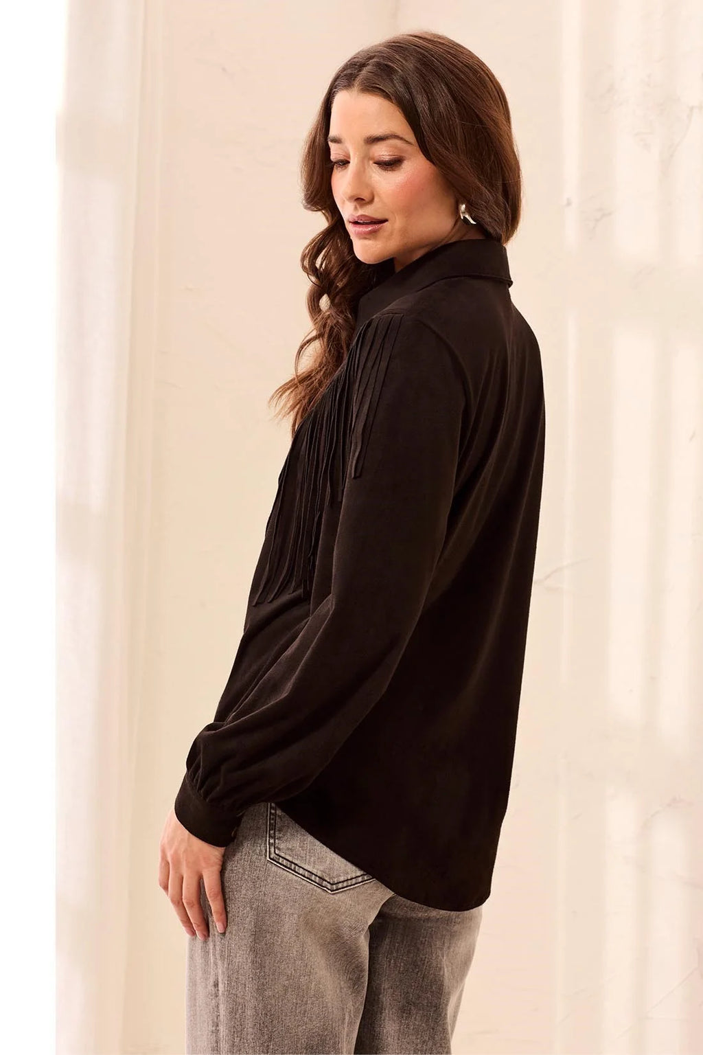 Suede Fringe Shacket with Snap Buttons