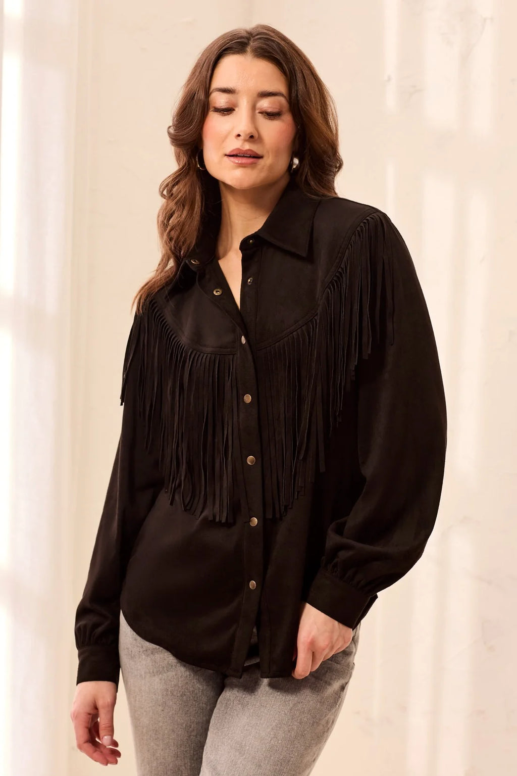 Suede Fringe Shacket with Snap Buttons