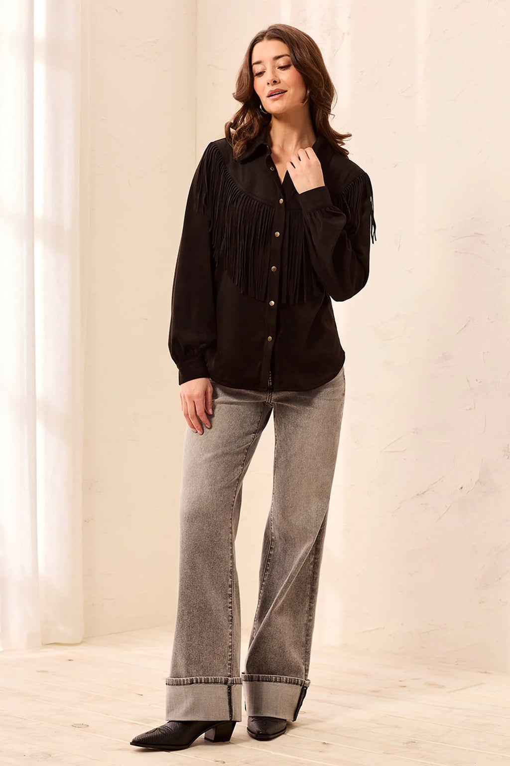 Suede Fringe Shacket with Snap Buttons