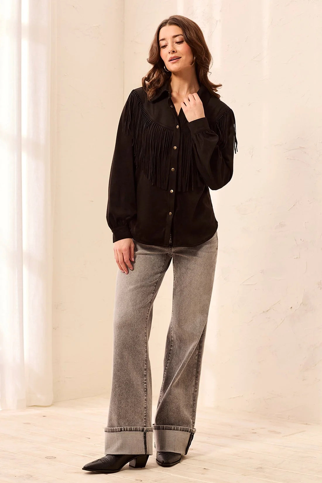 Suede Fringe Shacket with Snap Buttons