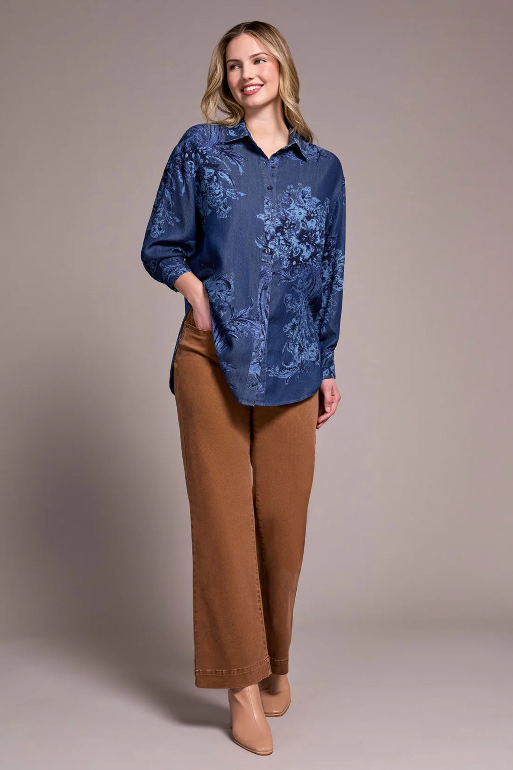 Tencel Printed Button-Up Chambray Blouse