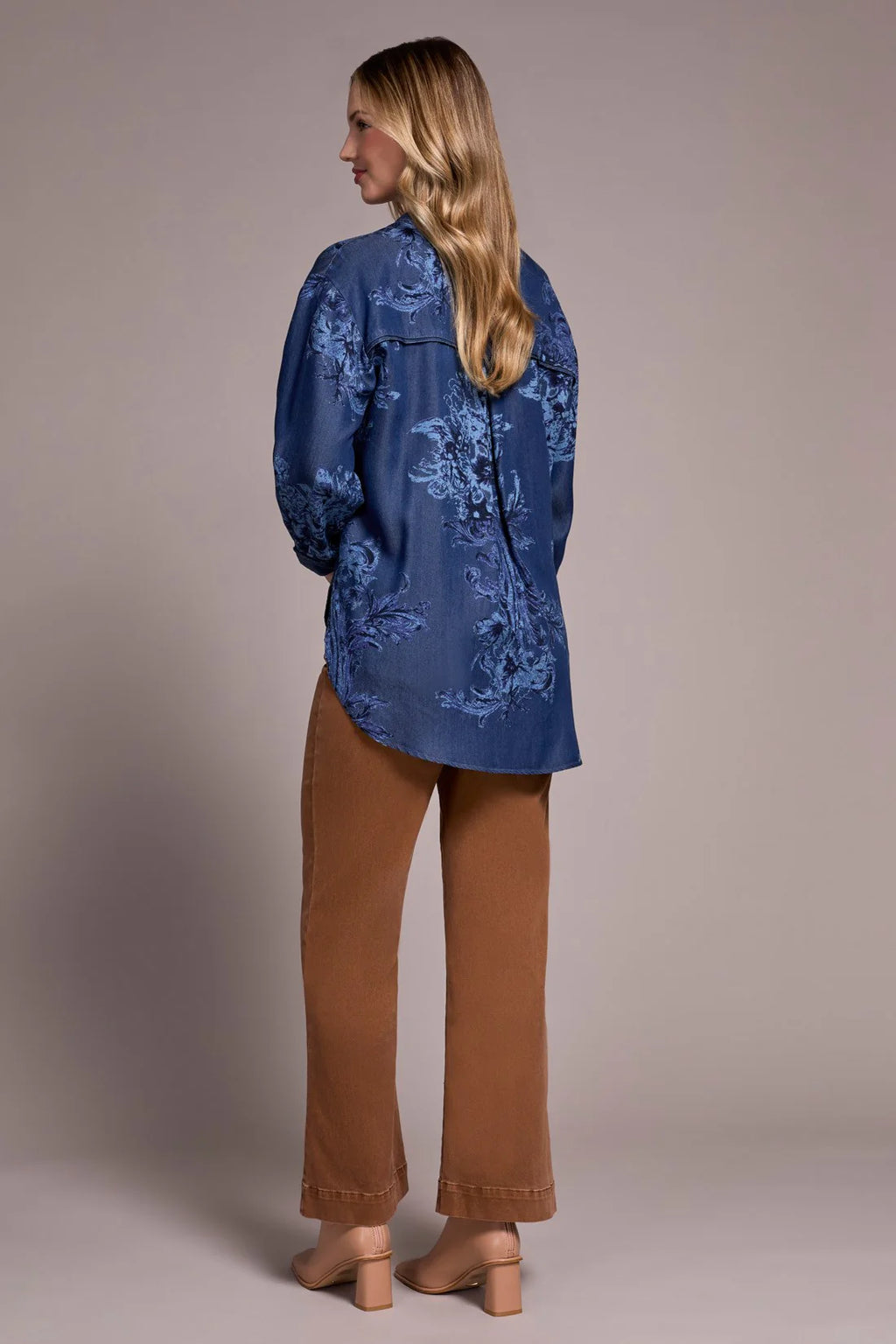 Tencel Printed Button-Up Chambray Blouse