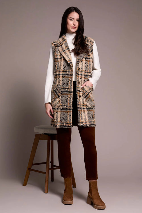Textured Plaid Wide Notch Collar Long Vest