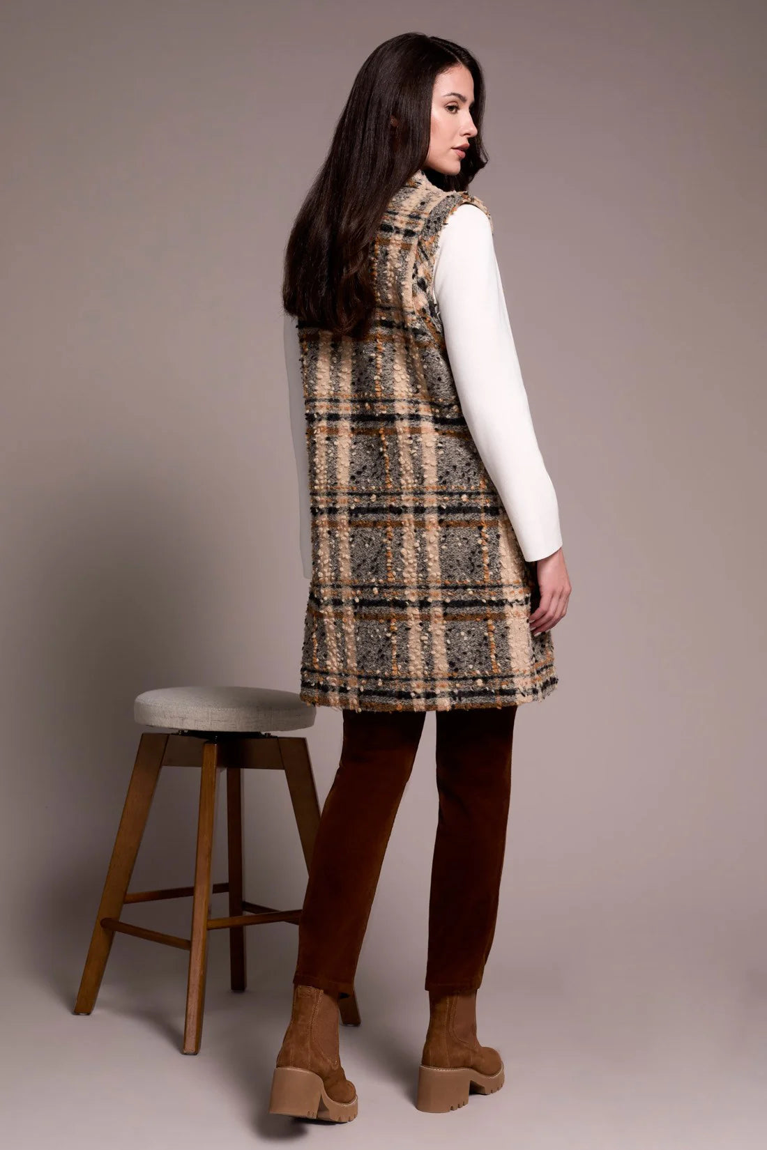 Textured Plaid Wide Notch Collar Long Vest