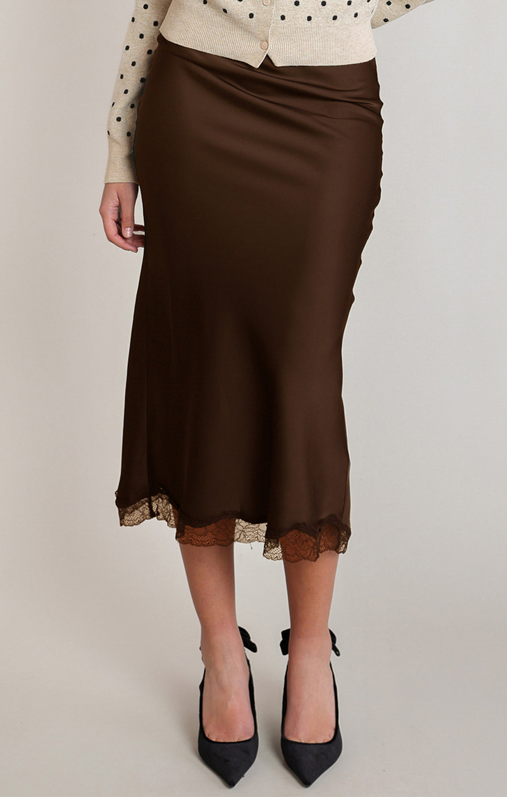 Satin Lace Trim Midi Skirt
