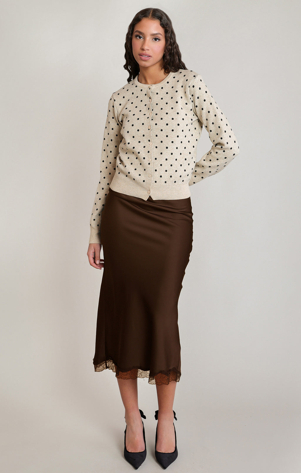 Satin Lace Trim Midi Skirt