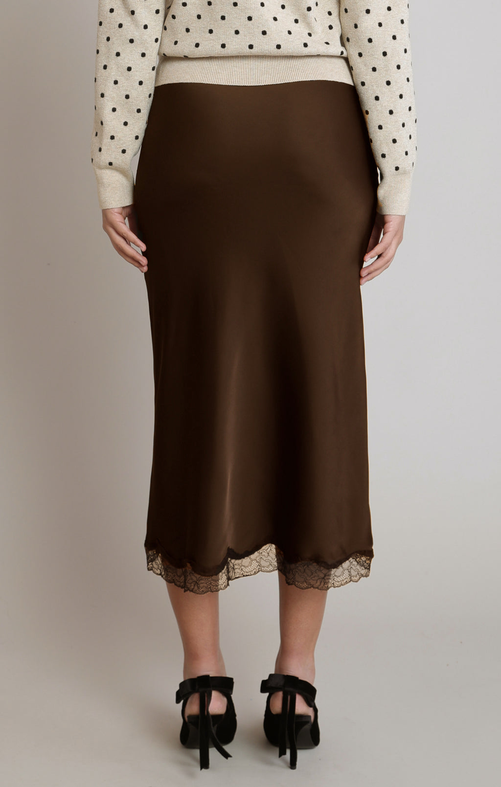 Satin Lace Trim Midi Skirt