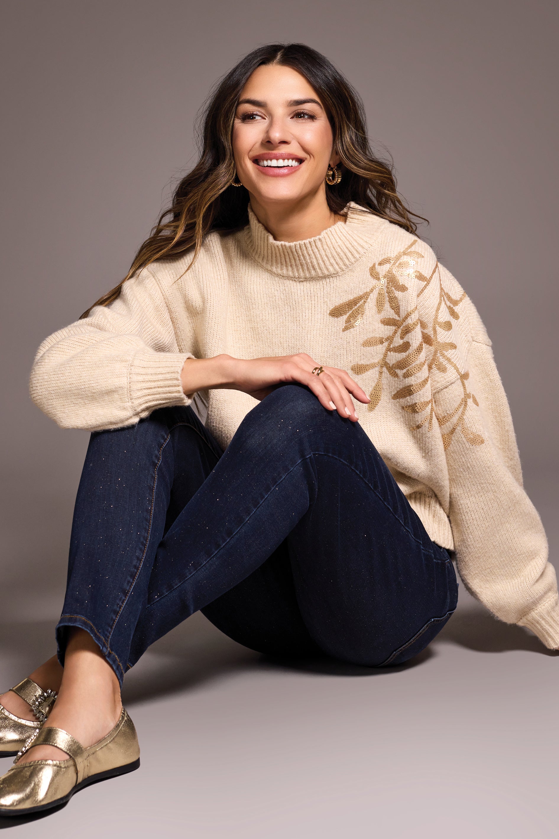 Long Sleeve Mock Neck Sweater with Sequins