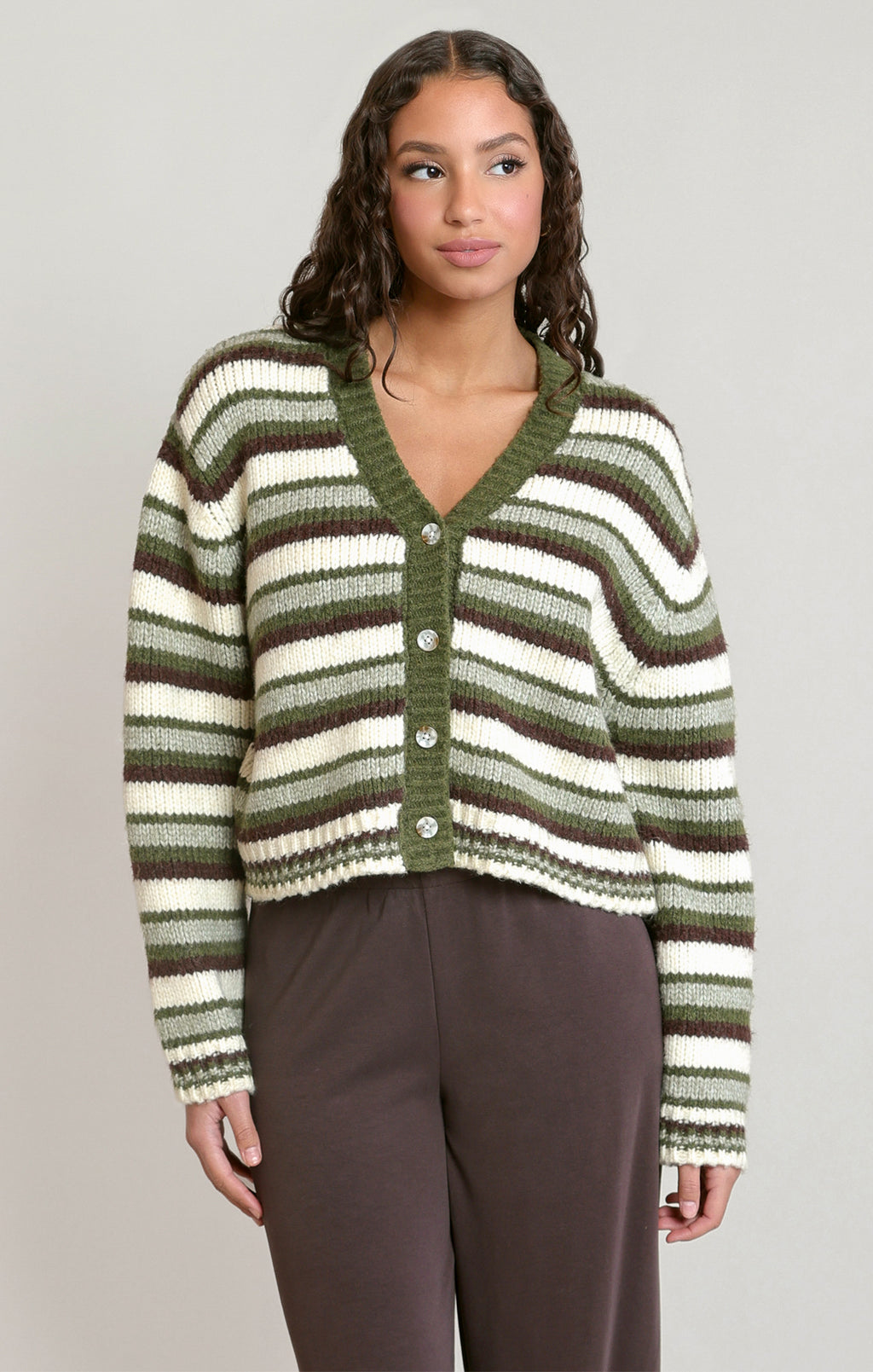 Striped V-Neck Button Front Cardigan