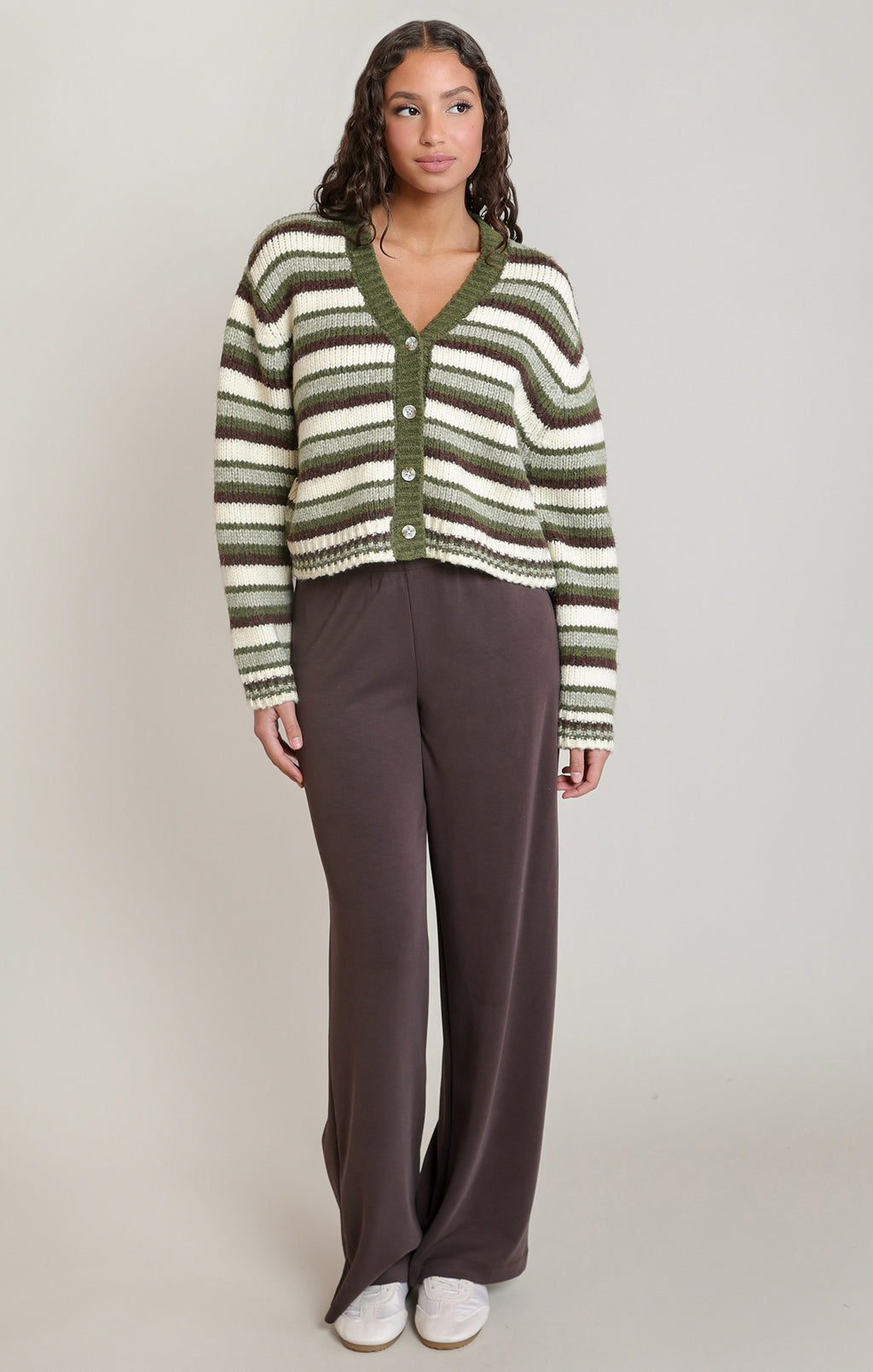 Striped V-Neck Button Front Cardigan