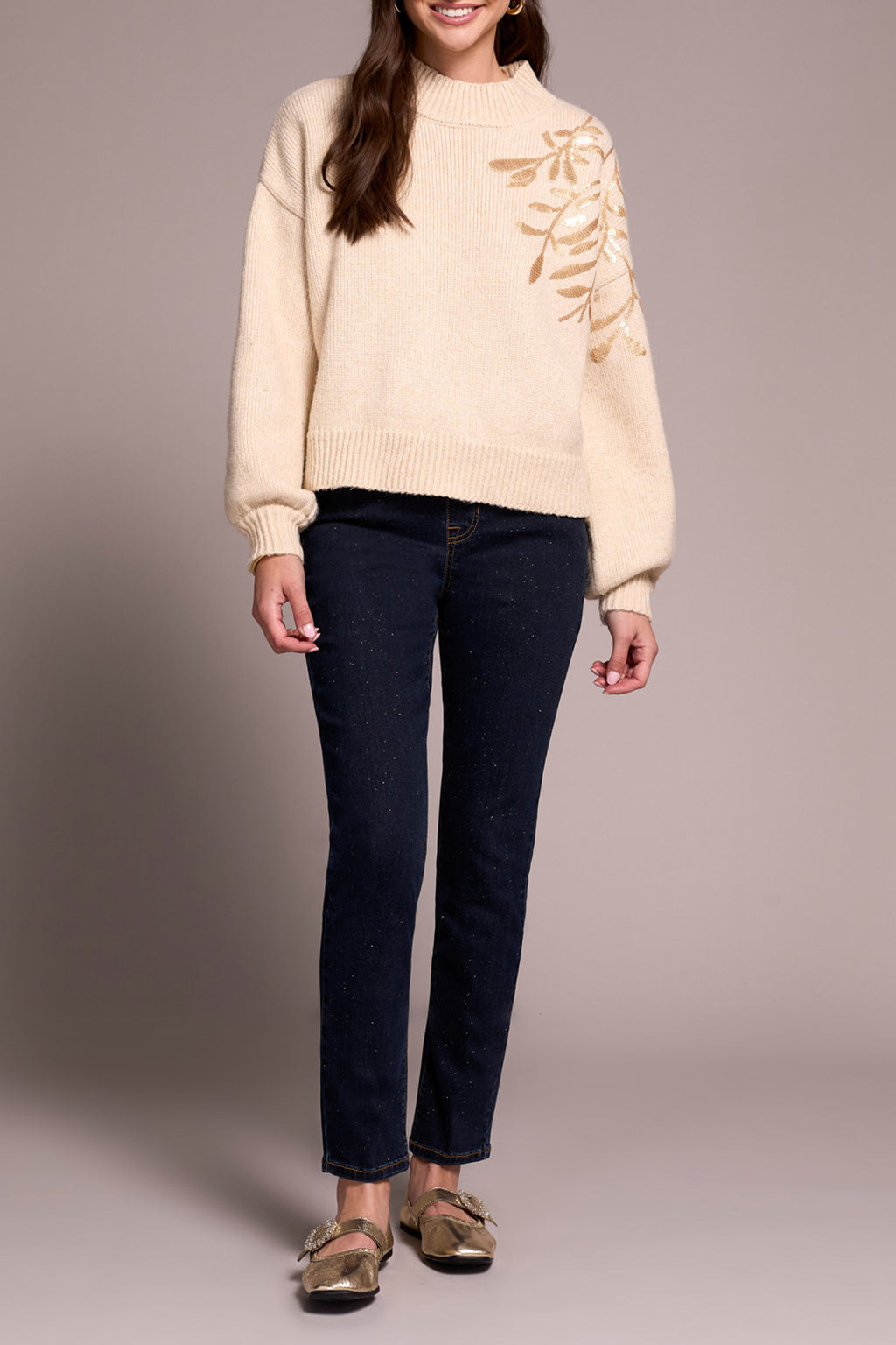 Long Sleeve Mock Neck Sweater with Sequins