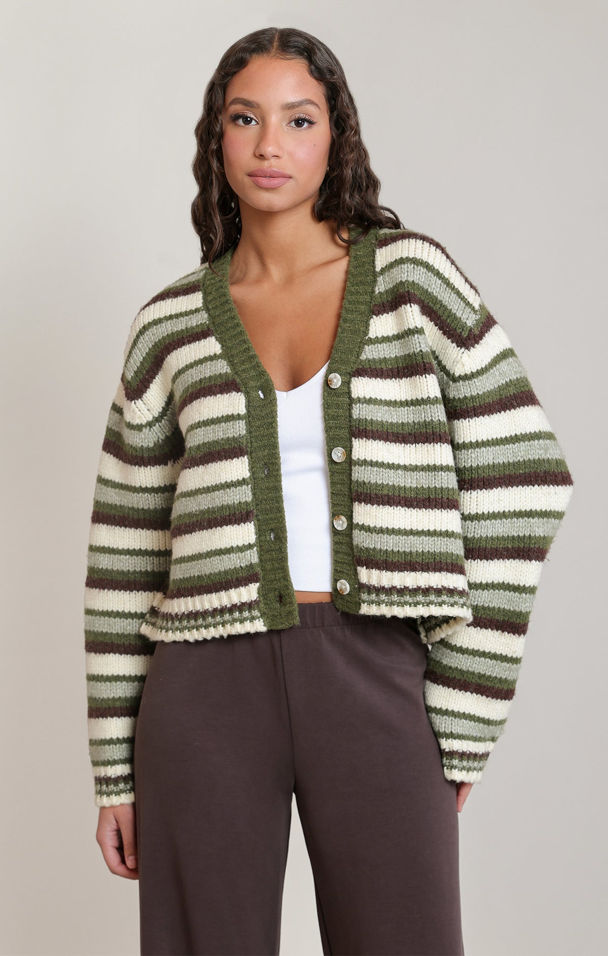 Striped V-Neck Button Front Cardigan