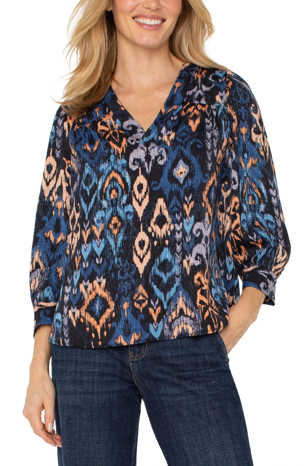 3/4 Sleeve V-Neck Woven Blouse