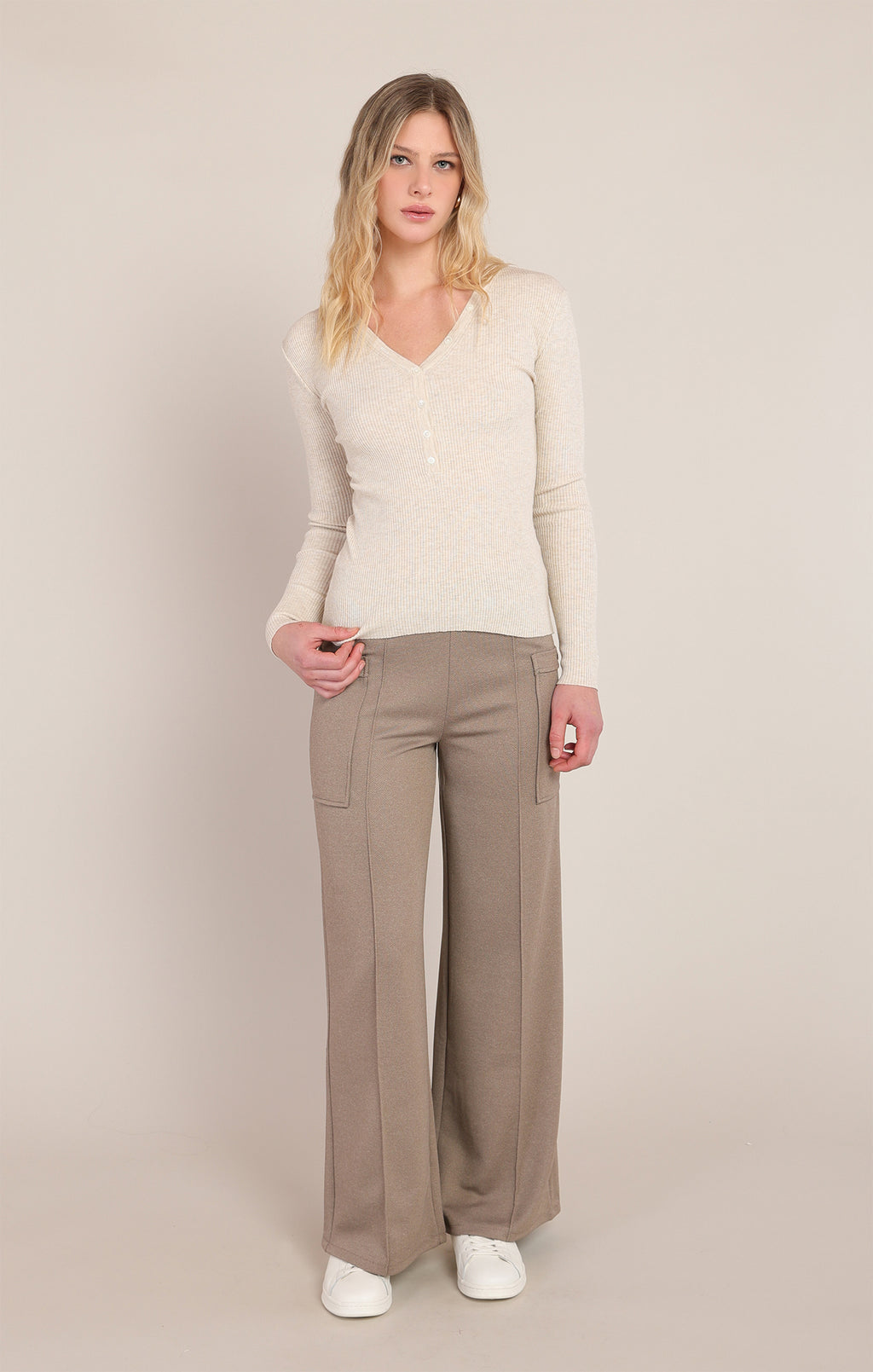 Ribbed V-Neck Henley Top