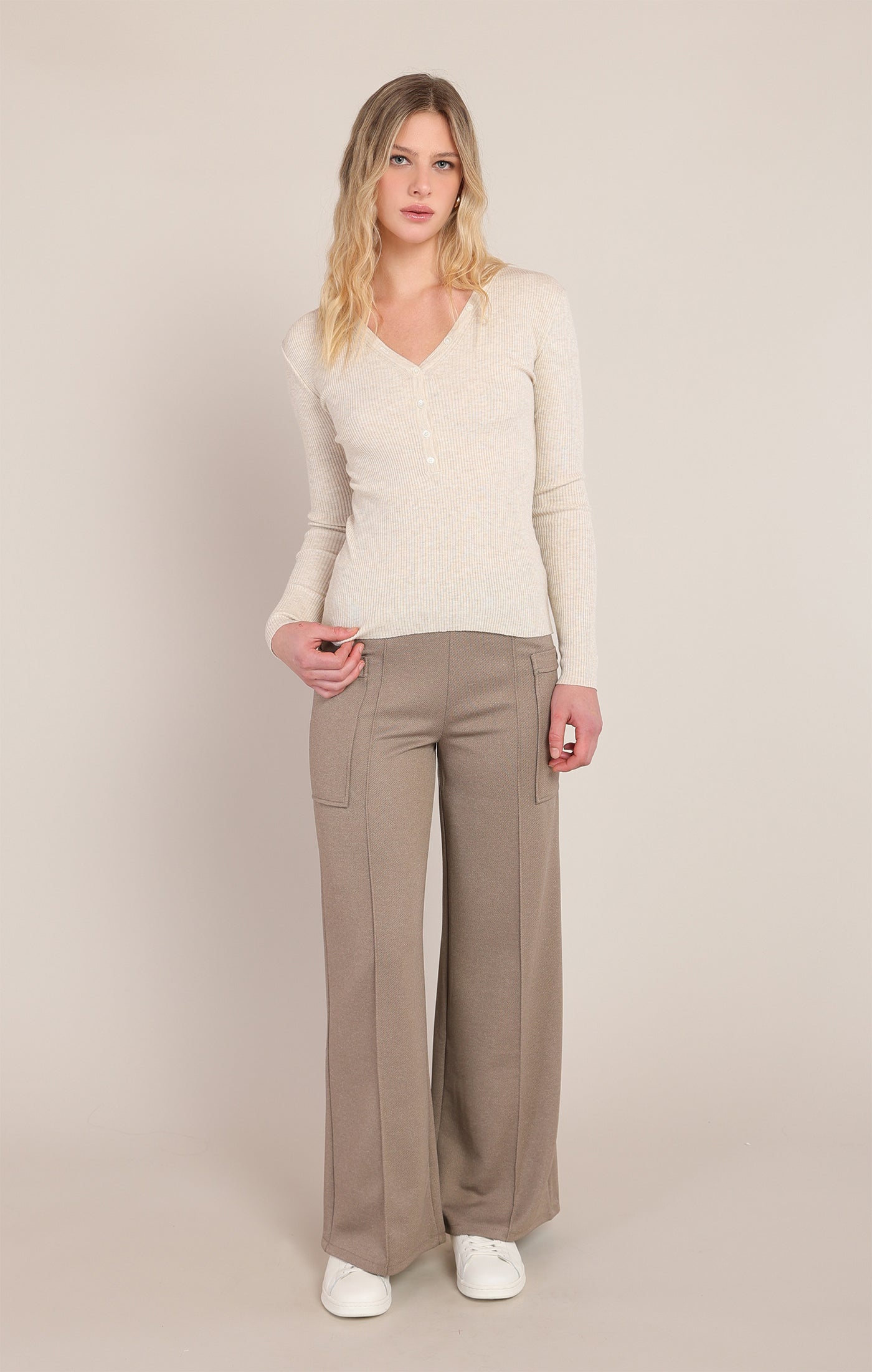 Ribbed V-Neck Henley Top