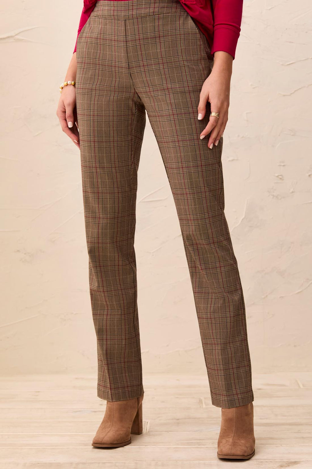 Pull On Straight Leg Plaid Trouser