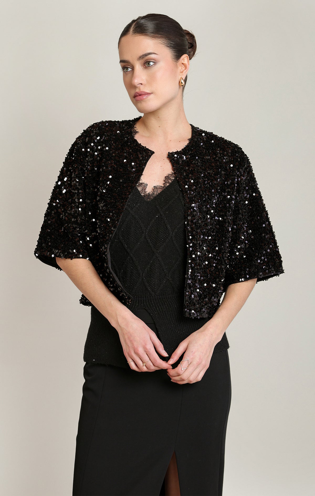Sequin Open Front Short Sleeve Cardigan
