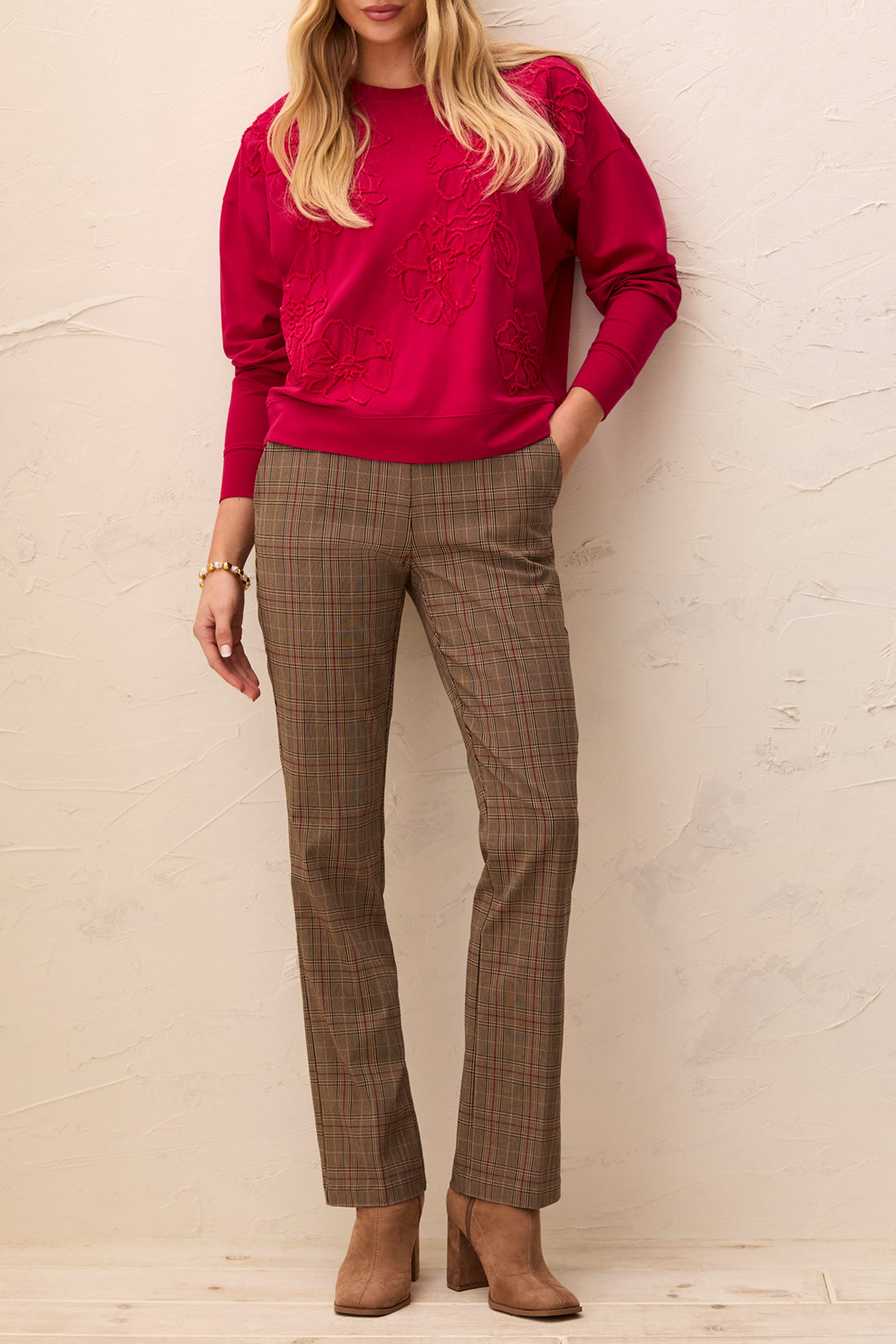 Pull On Straight Leg Plaid Trouser