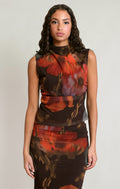 Mesh Floral Mock Neck Sleeveless Top