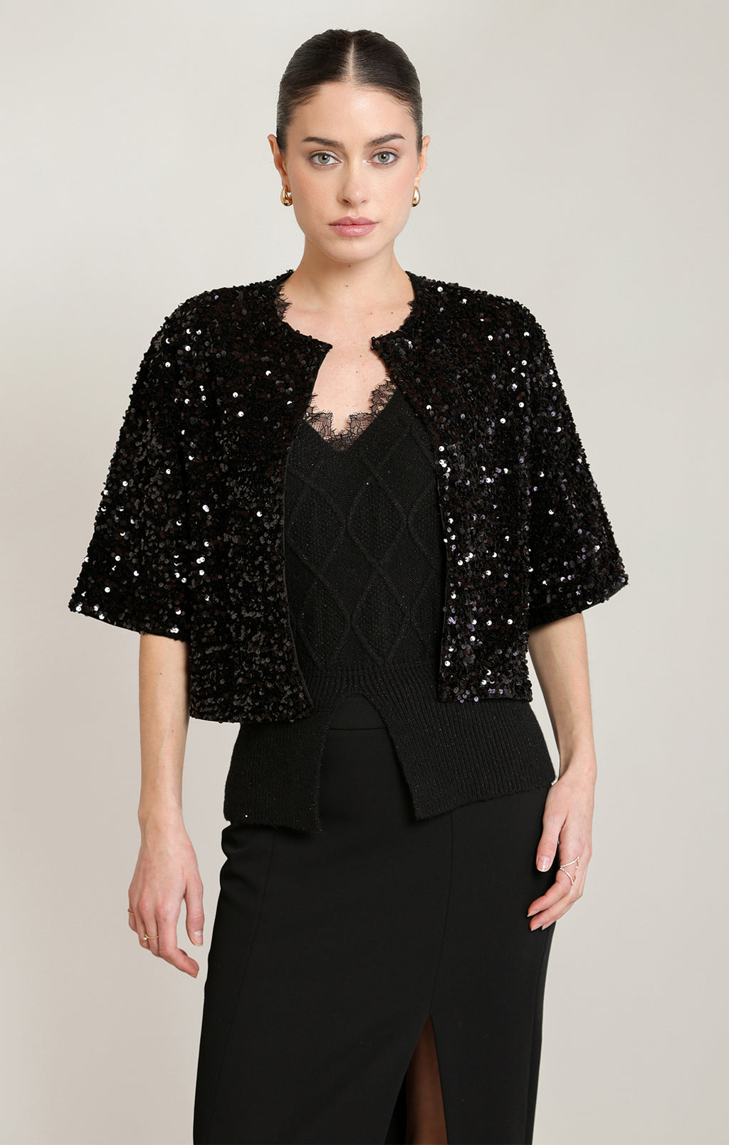 Sequin Open Front Short Sleeve Cardigan