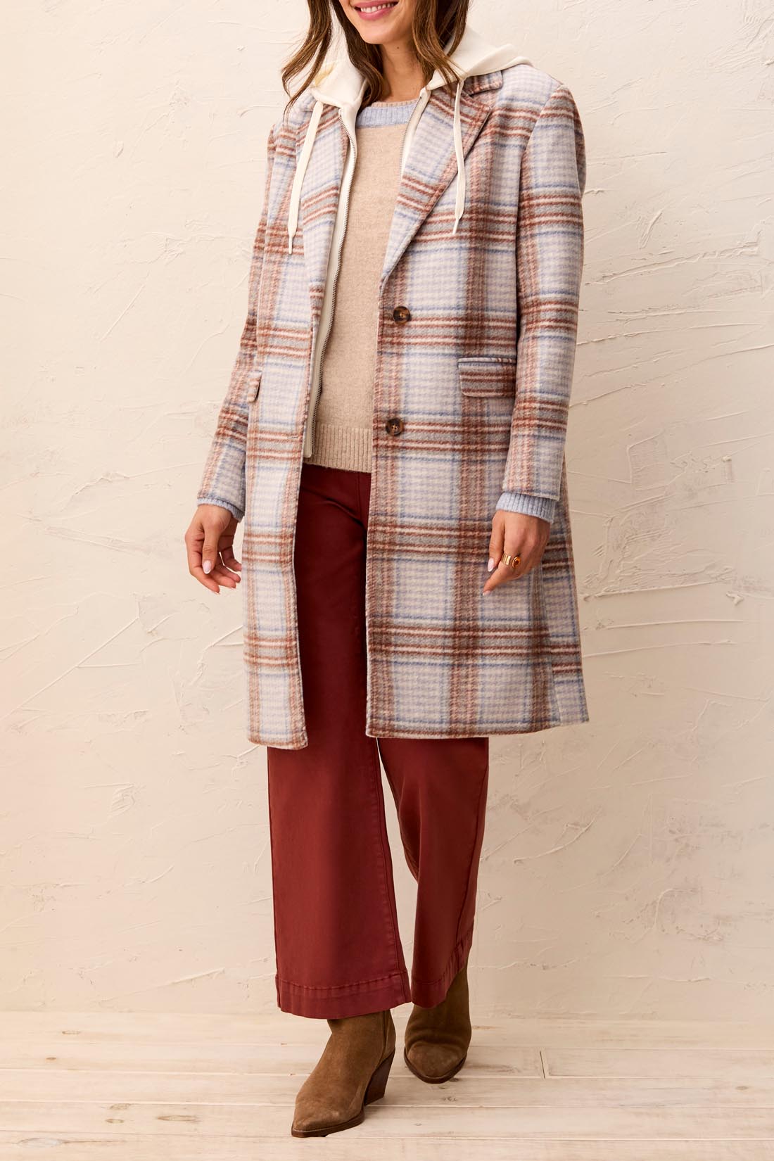 Plaid Car Coat With Removable Fooler Hoodie