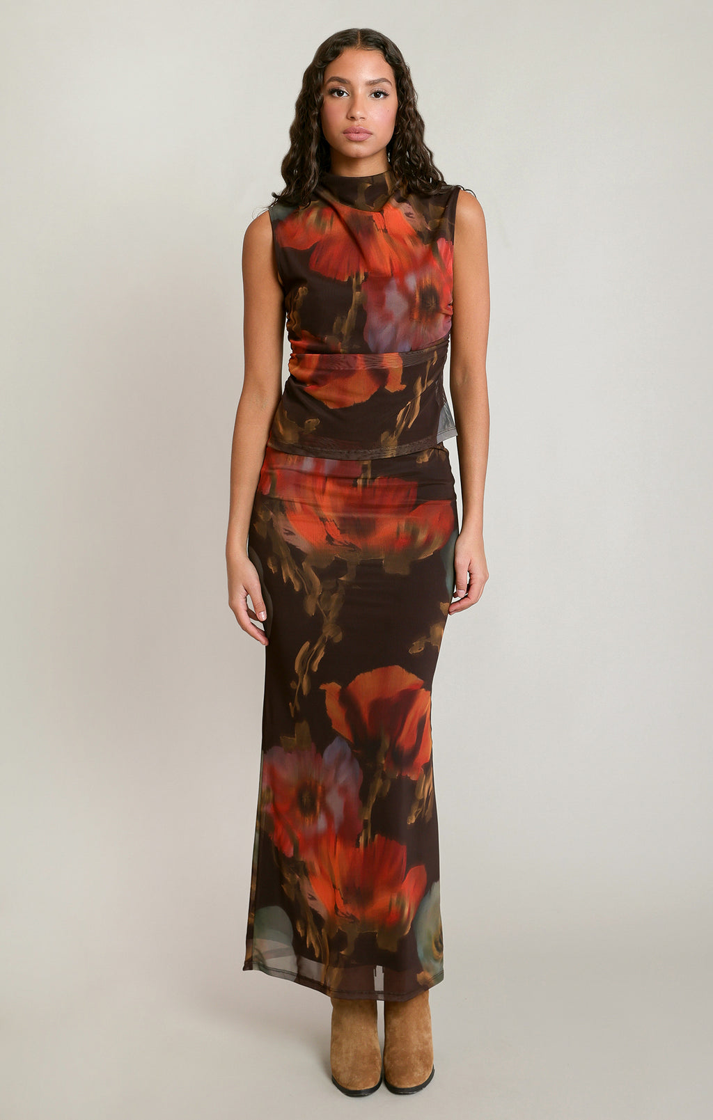Mesh Floral Mock Neck Sleeveless Top