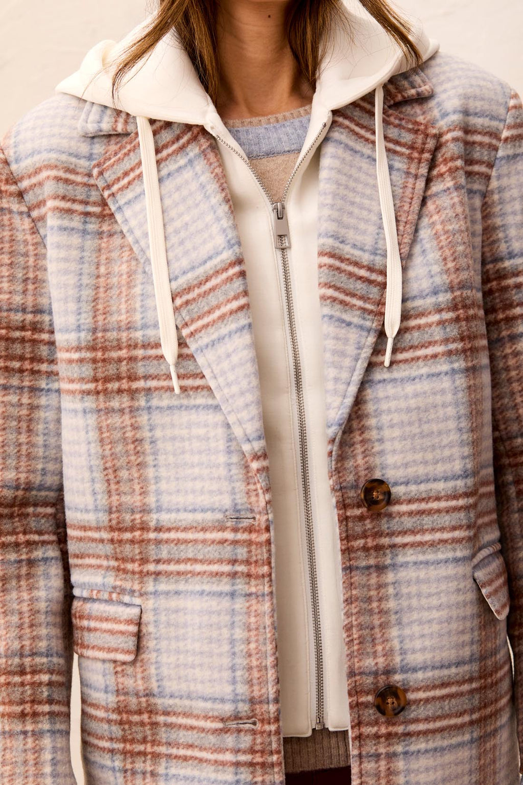 Plaid Car Coat With Removable Fooler Hoodie