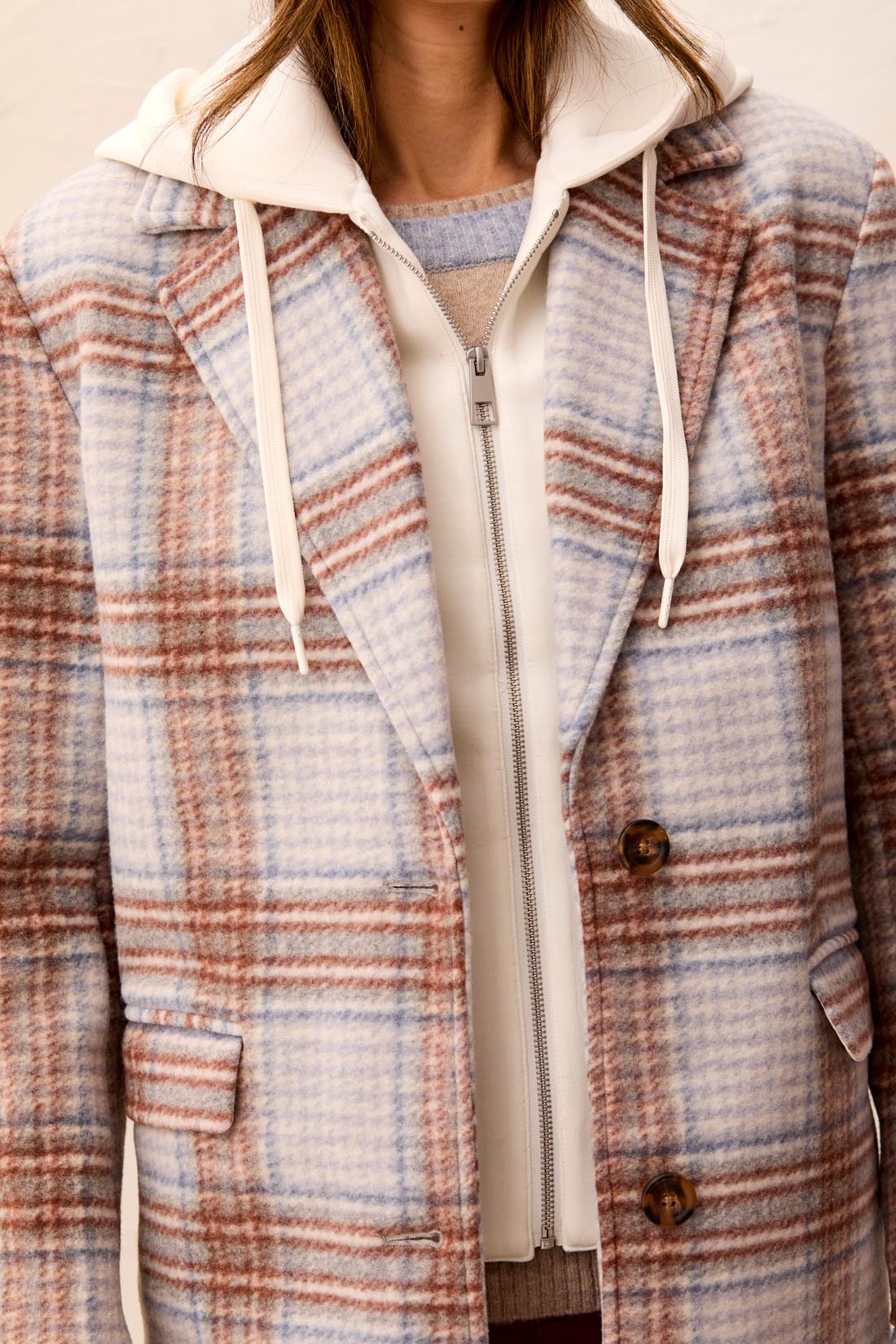 Plaid Car Coat With Removable Fooler Hoodie