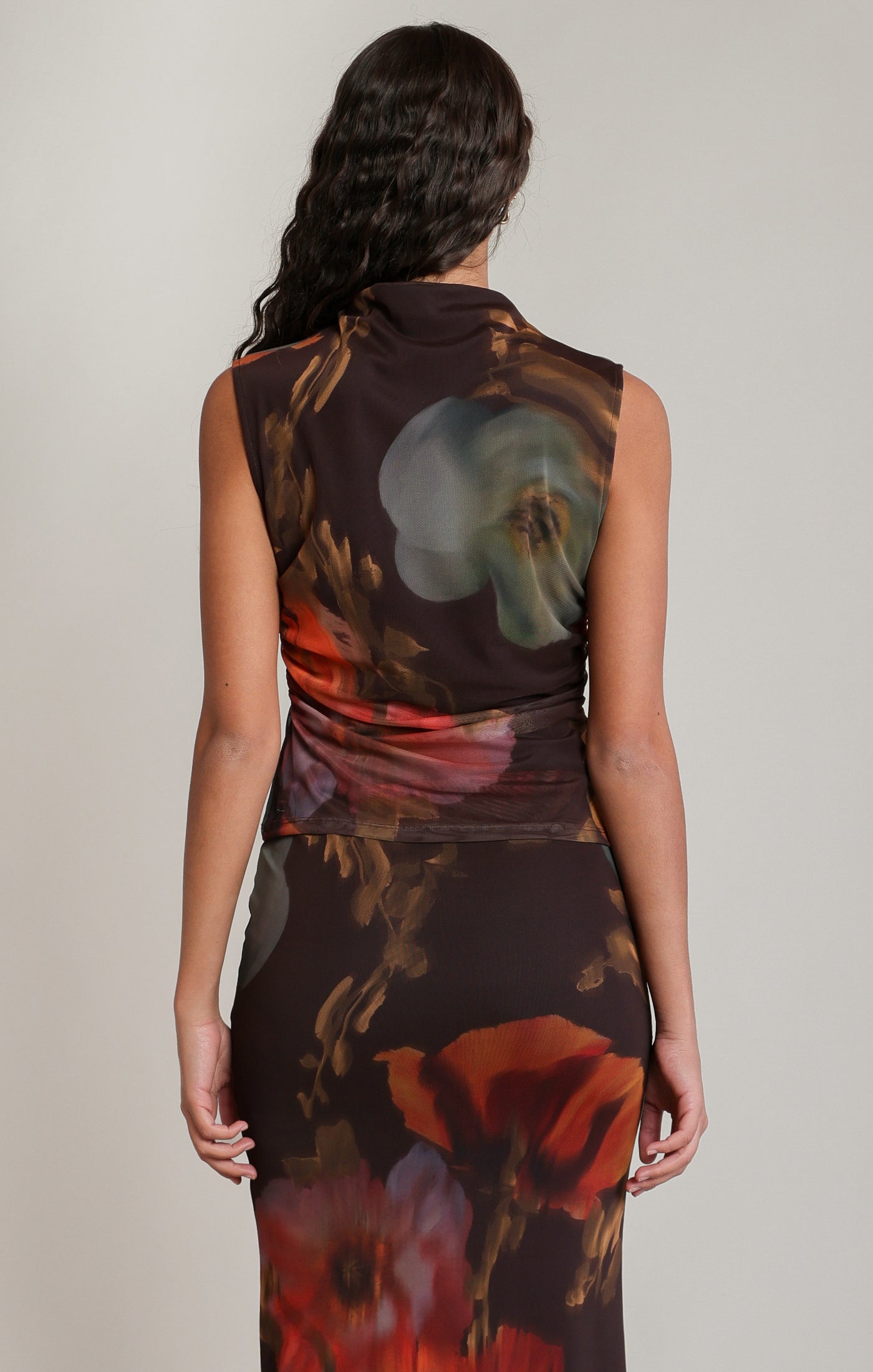 Mesh Floral Mock Neck Sleeveless Top