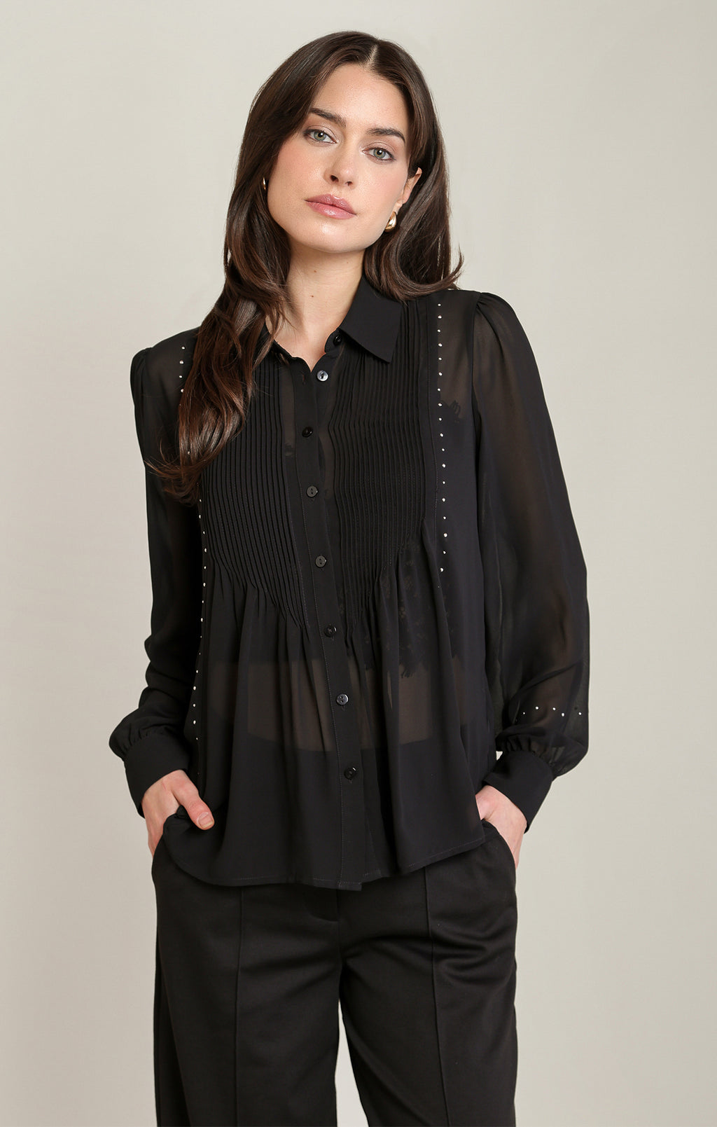Sheer Pleated Studs Blouse