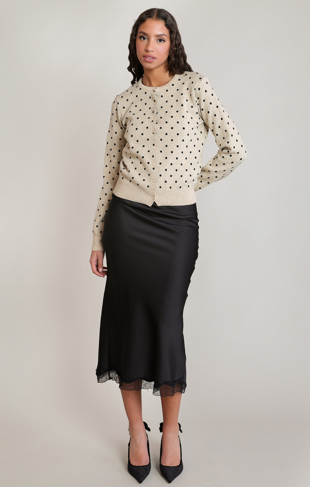 Satin Lace Trim Midi Skirt