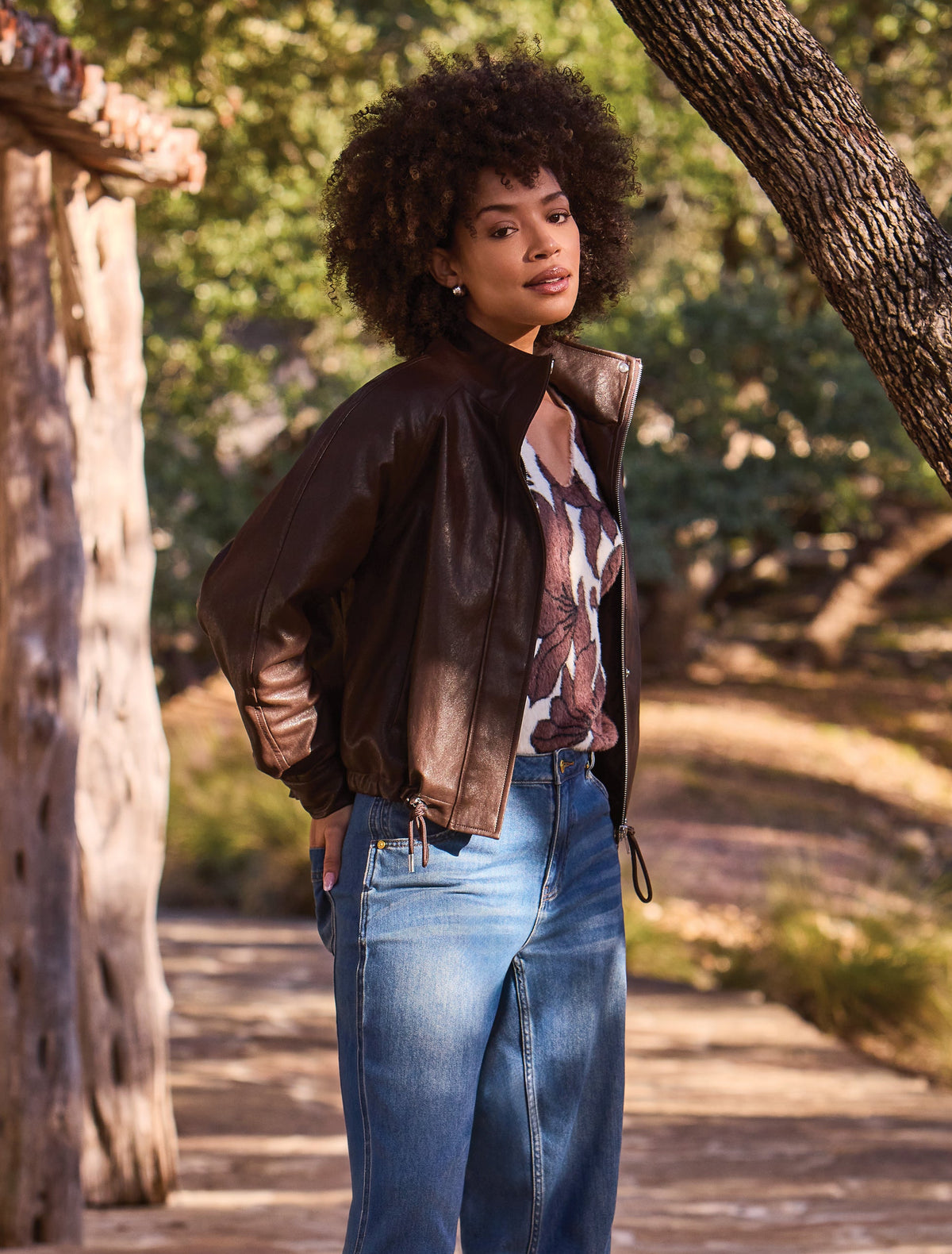 Faux Leather Mock Neck Adjustable Bubble Hem Jacket