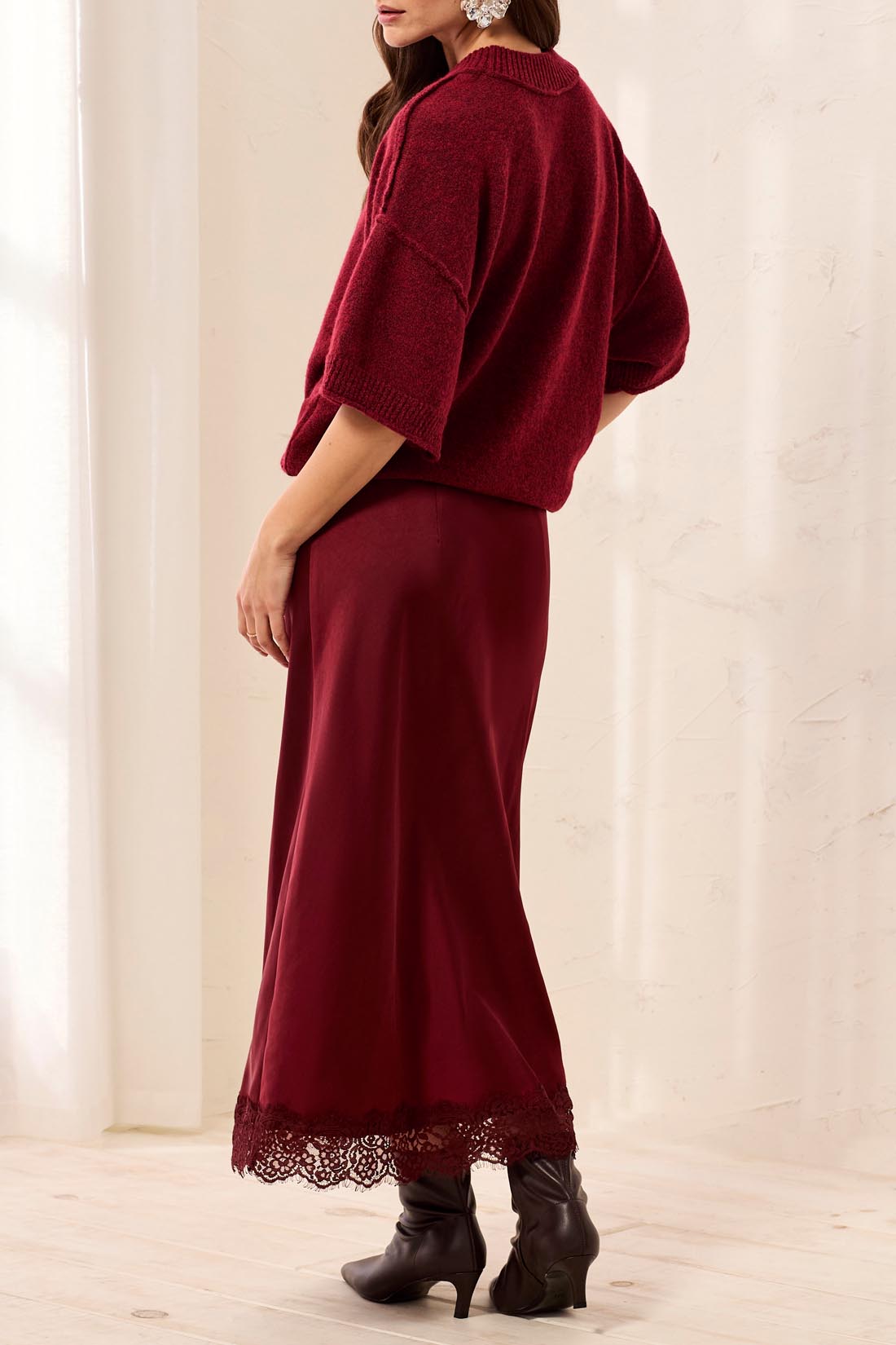 Satin Lace Hem Midi Skirt