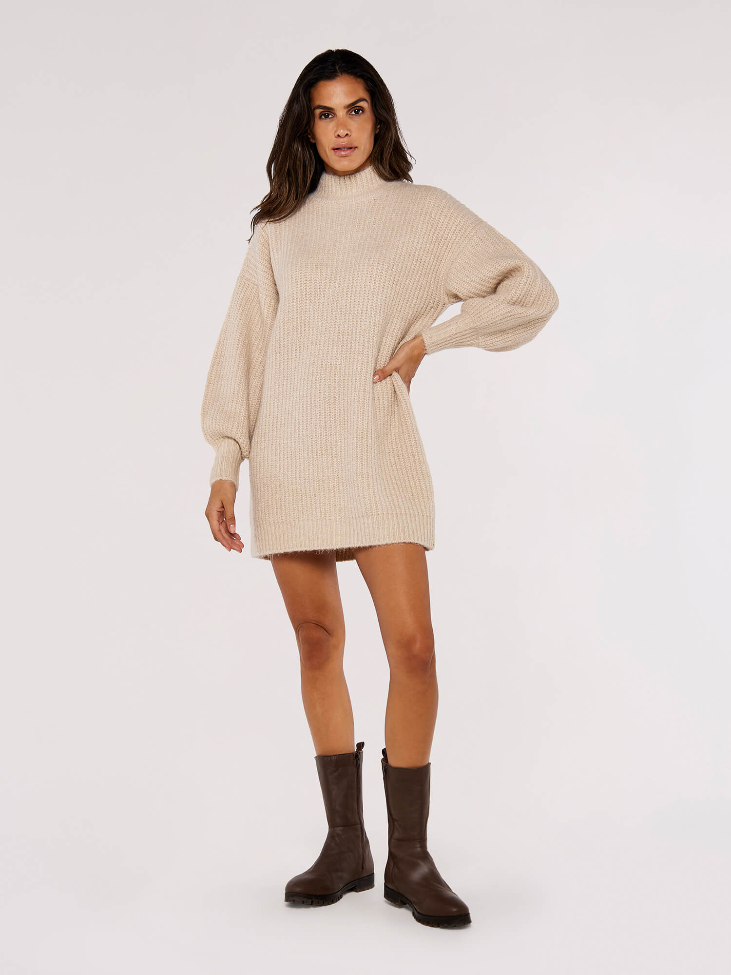 Apricot Ribbed Knit Jumper Mini Dress