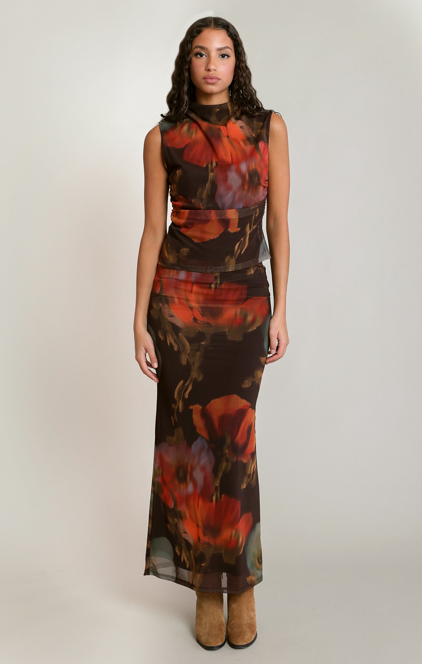Mesh Floral Midi Skirt