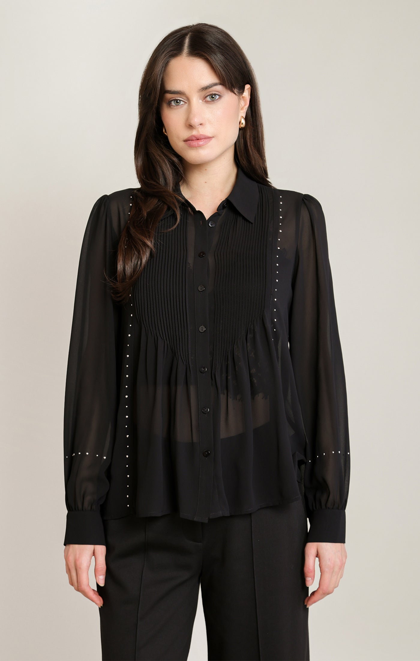 Sheer Pleated Studs Blouse