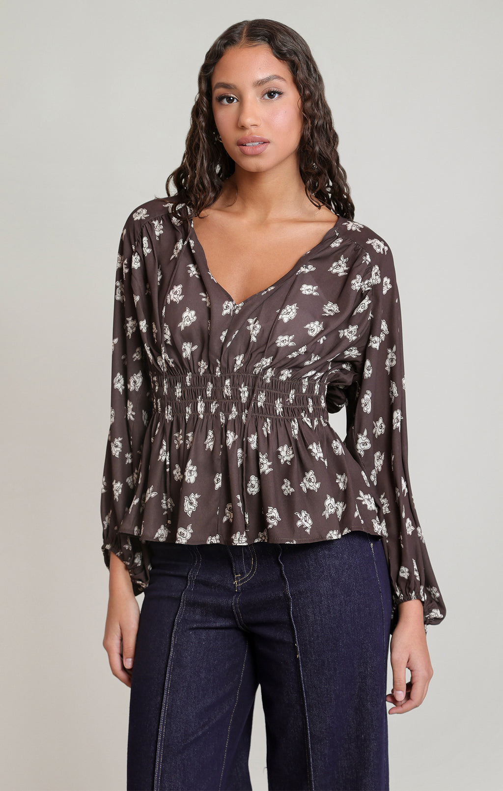 Smocked Floral Print V-Neck Blouse