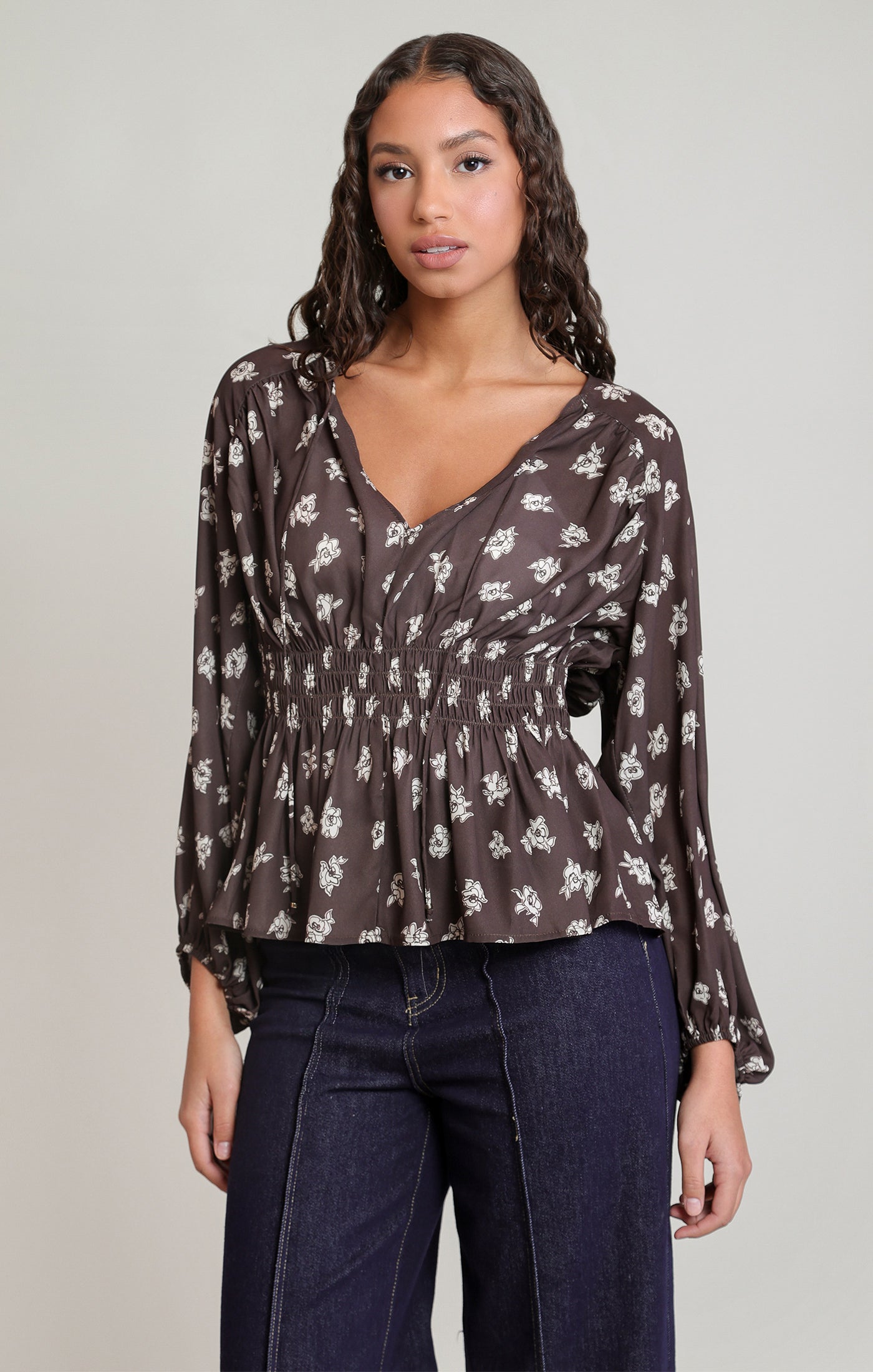 Smocked Floral Print V-Neck Blouse